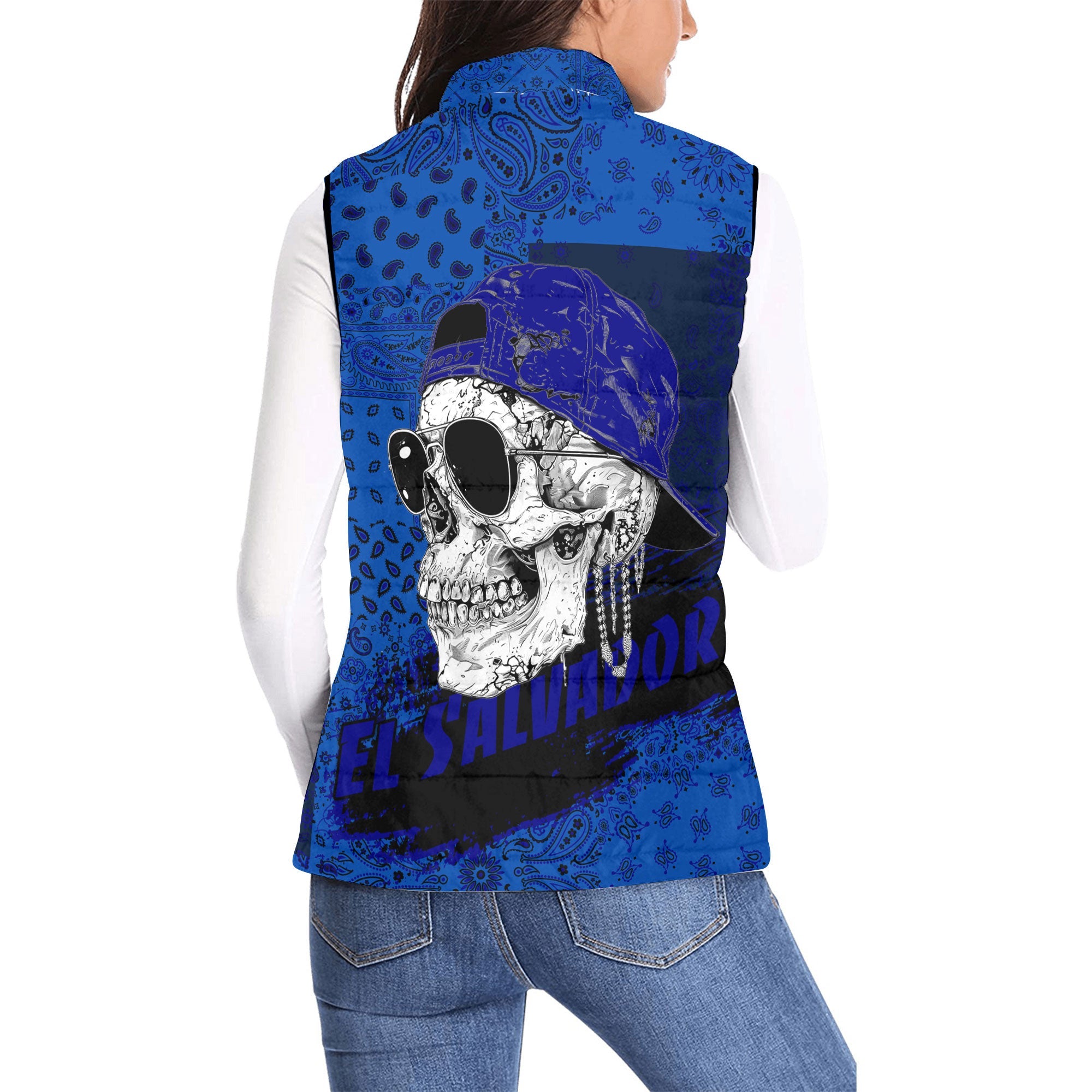 El Salvador Women Padded Jacket Vest Paisley Flag And Skull Style 2