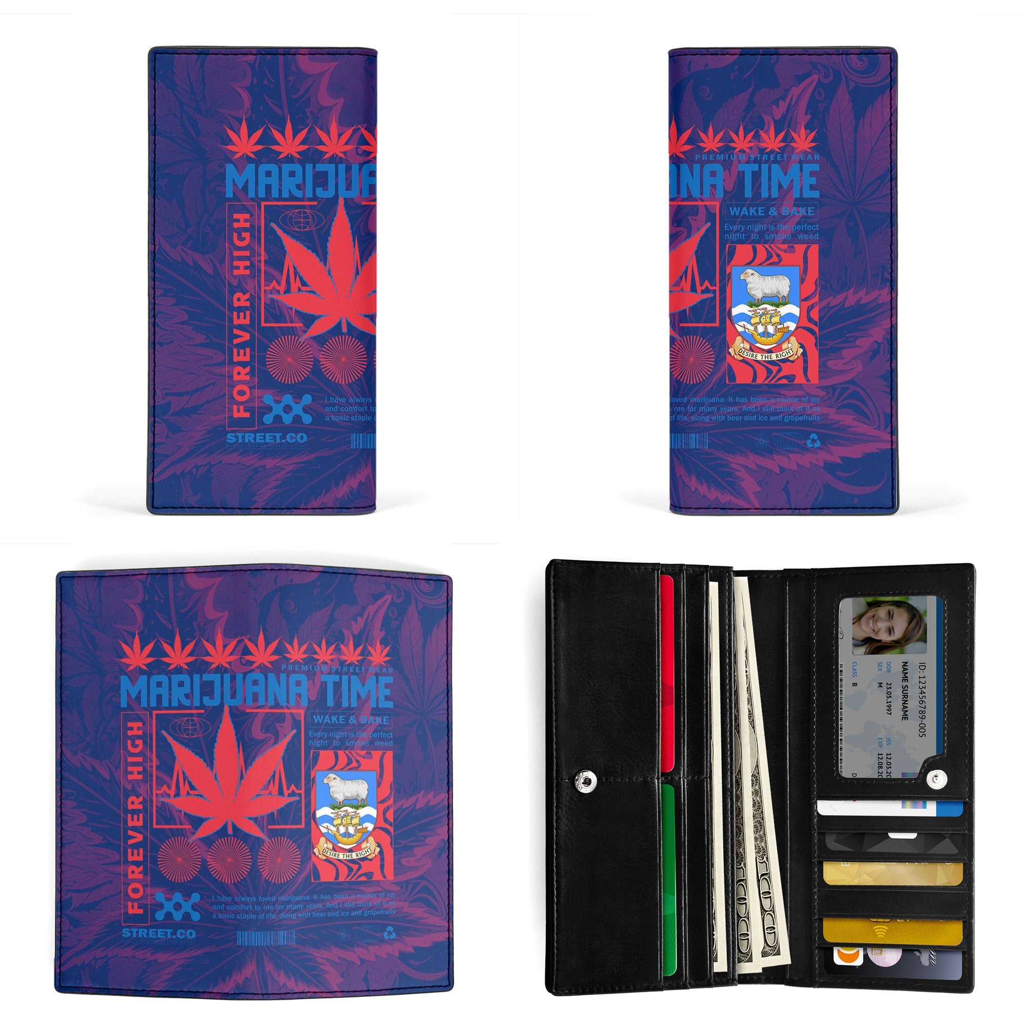 Falkland Islands Leather Wallet Flag & Coat Of Arms Marijuanas Style