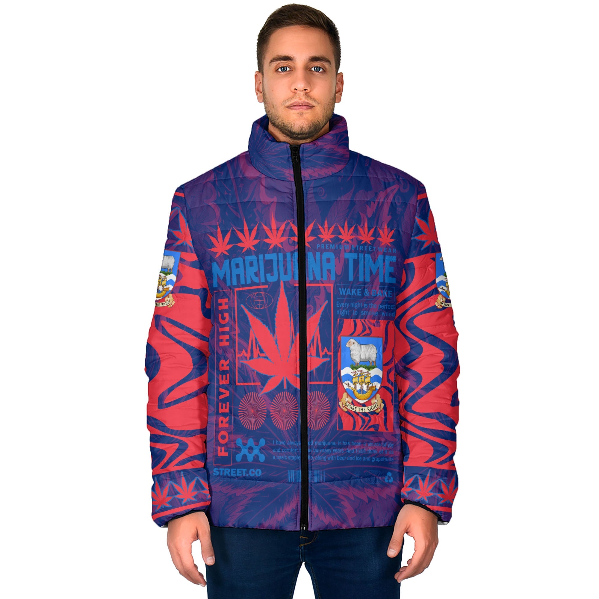 Falkland Islands Men Padded Jacket Flag & Coat Of Arms Marijuanas Style