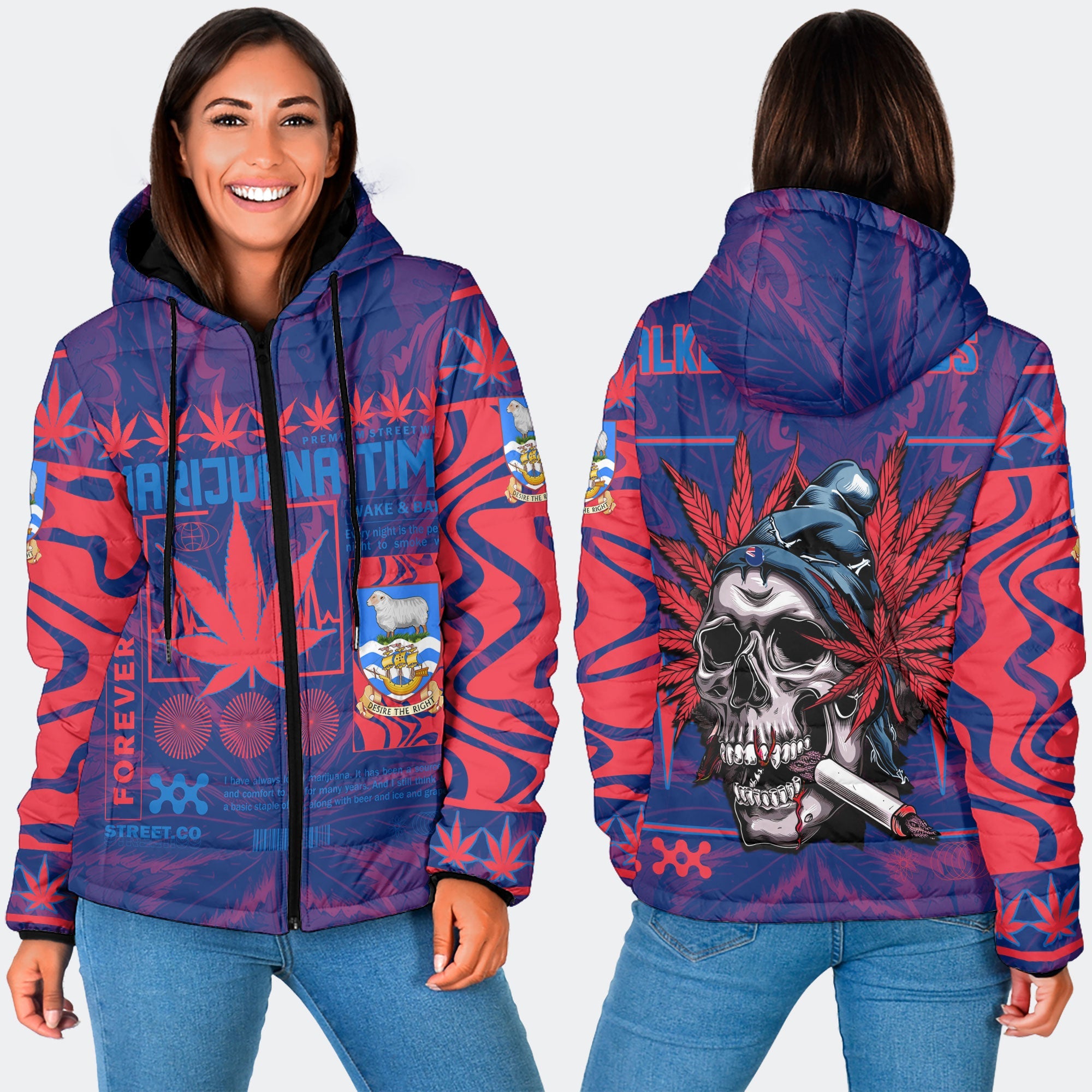 Falkland Islands Women Hooded Padded Jacket Flag & Coat Of Arms Marijuanas Style