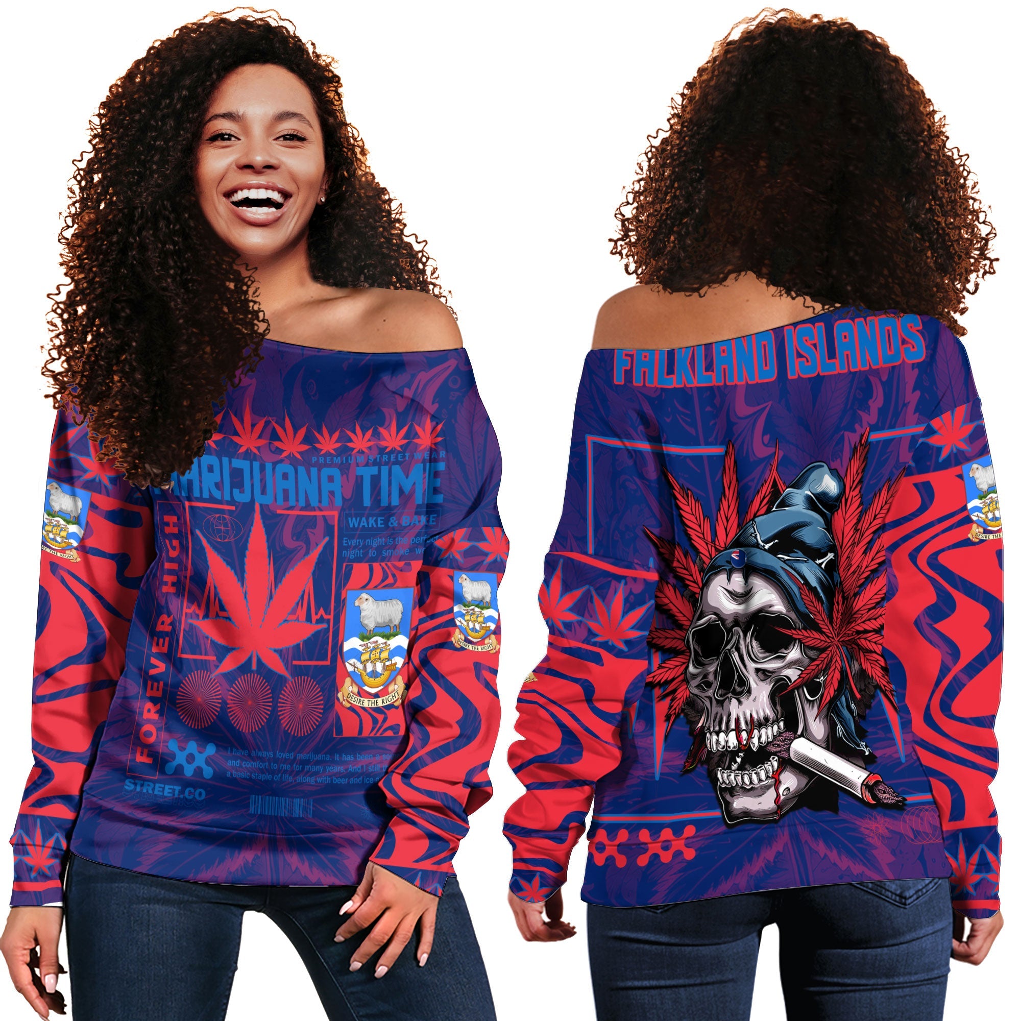 Falkland Islands Women Off Shoulder Sweatshirt Flag & Coat Of Arms Marijuanas Style