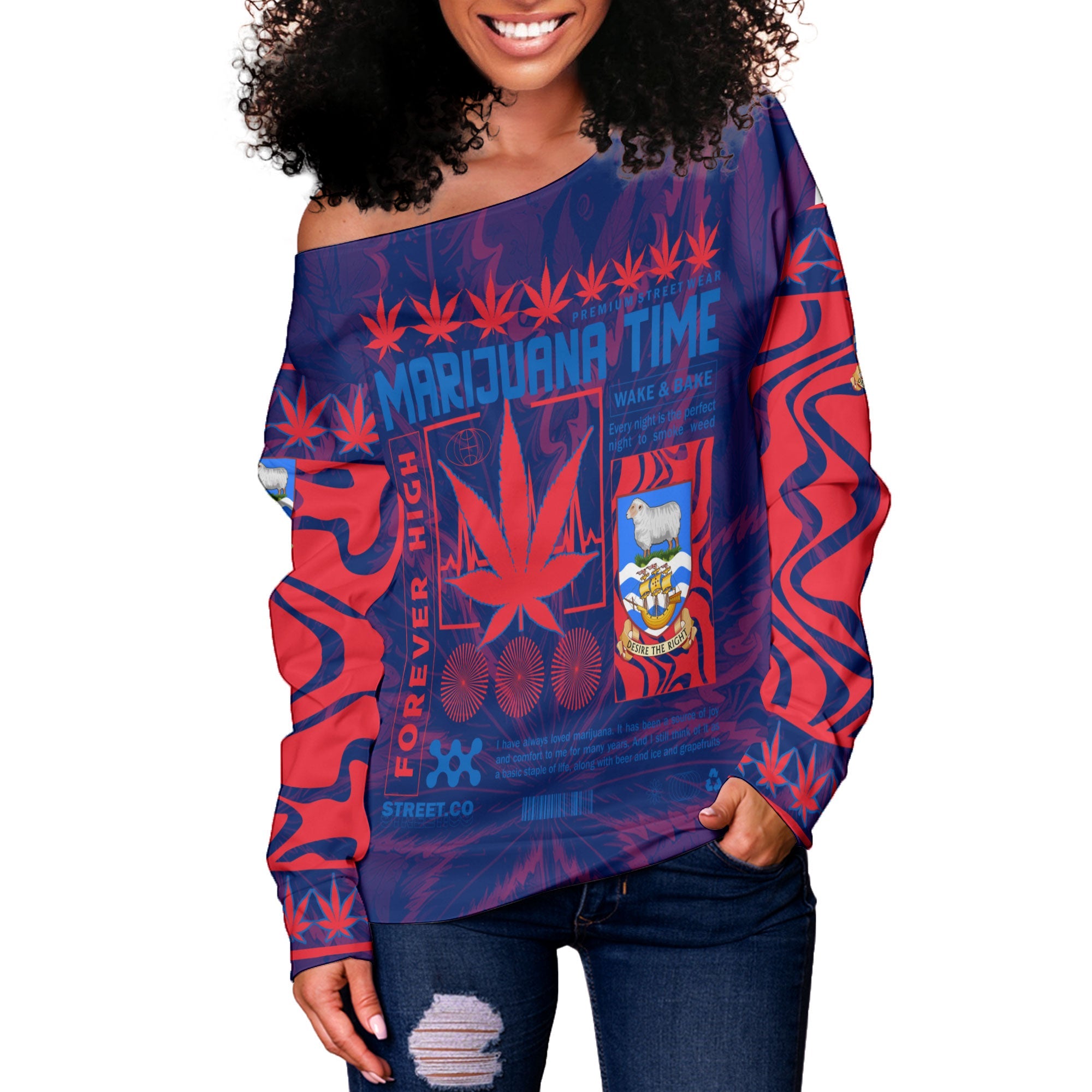 Falkland Islands Women Off Shoulder Sweatshirt Flag & Coat Of Arms Marijuanas Style