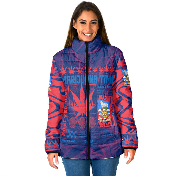 Falkland Islands Women Padded Jacket Flag & Coat Of Arms Marijuanas Style