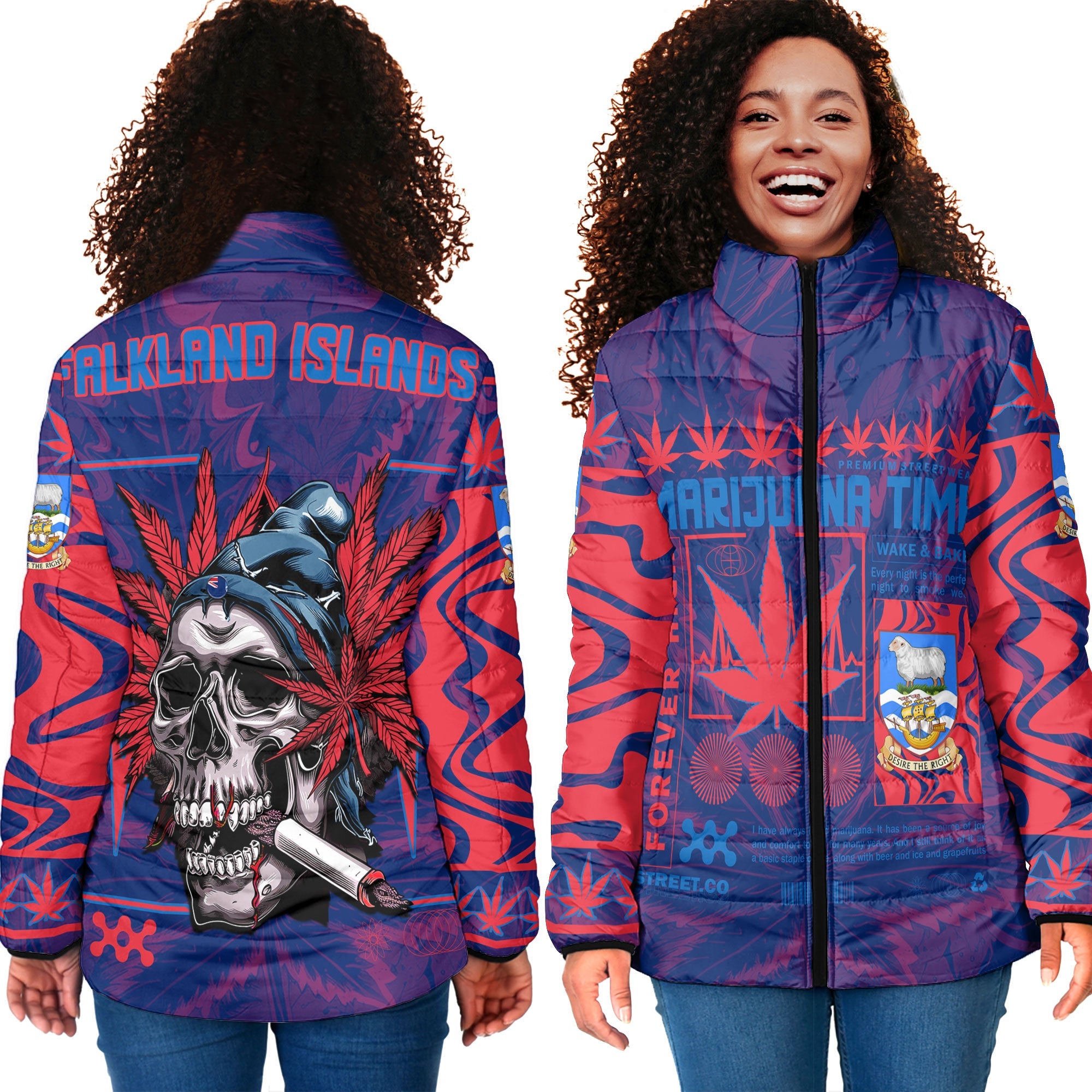 Falkland Islands Women Padded Jacket Flag & Coat Of Arms Marijuanas Style