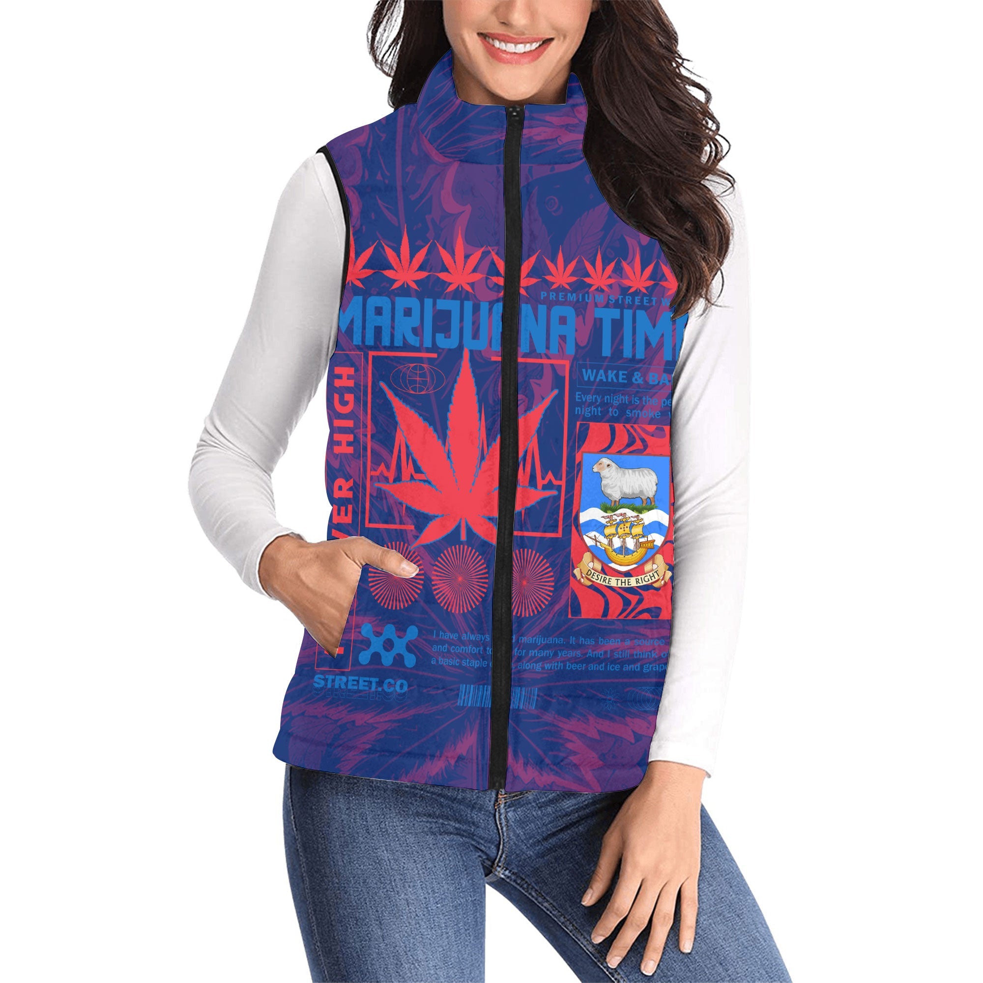 Falkland Islands Women Padded Jacket Vest Flag & Coat Of Arms Marijuanas Style