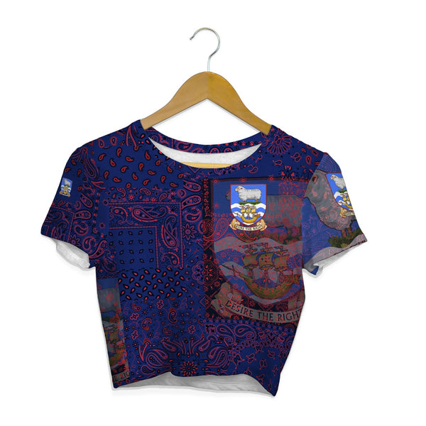 Falkland Islands Croptop T Shirt Paisley Flag And Skull Style 1