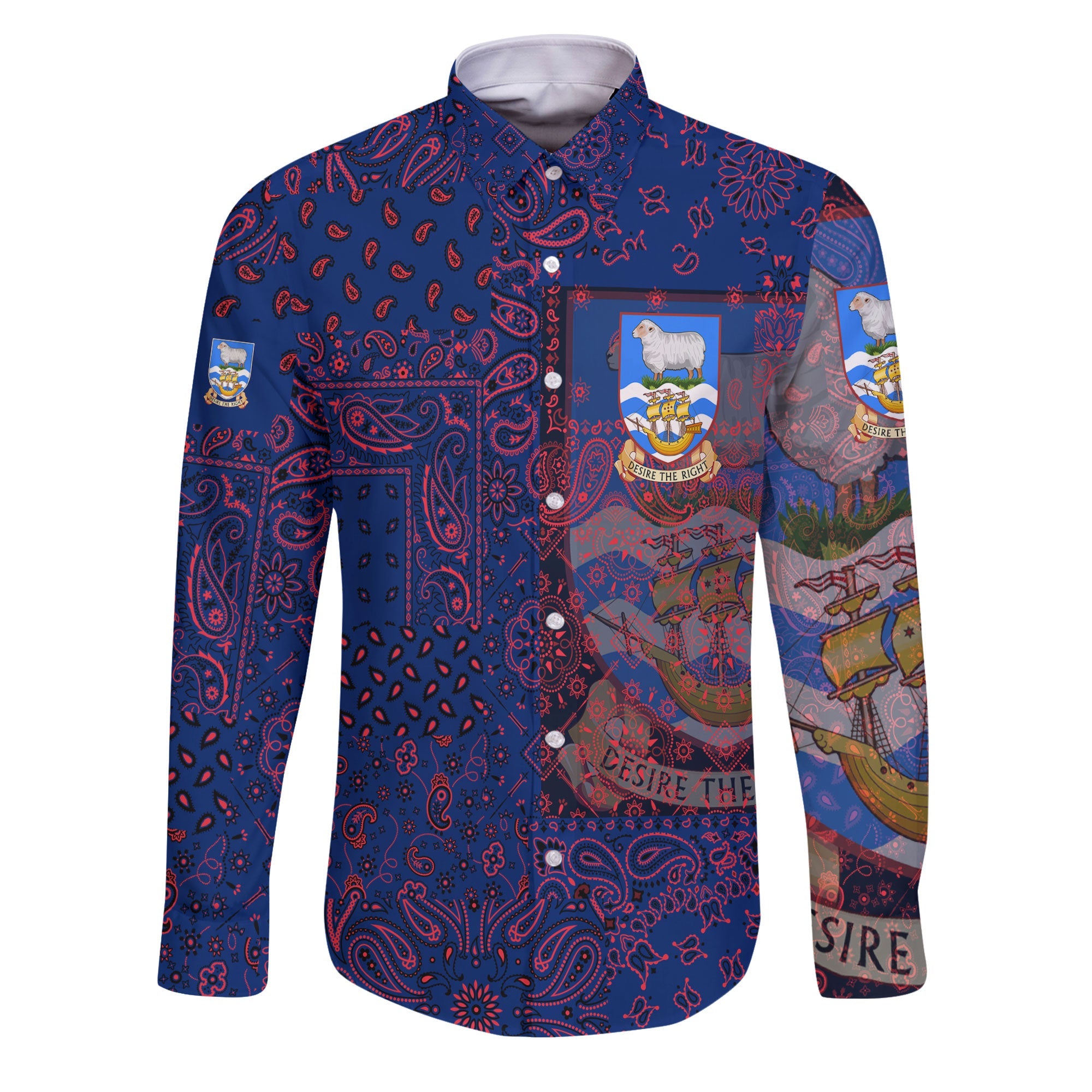 Falkland Islands Long Sleeve Button Shirt Paisley Flag And Skull Style 1