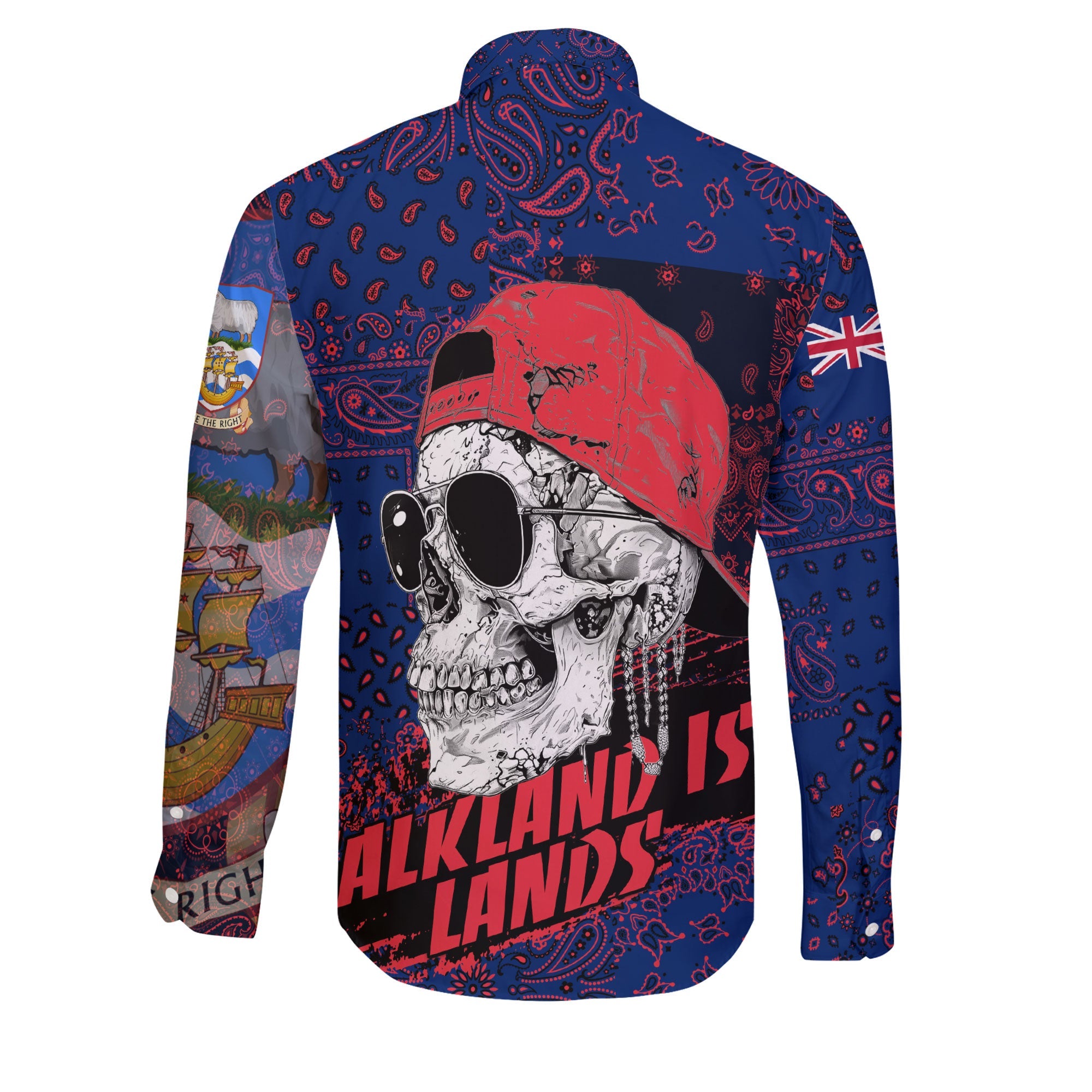 Falkland Islands Long Sleeve Button Shirt Paisley Flag And Skull Style 2