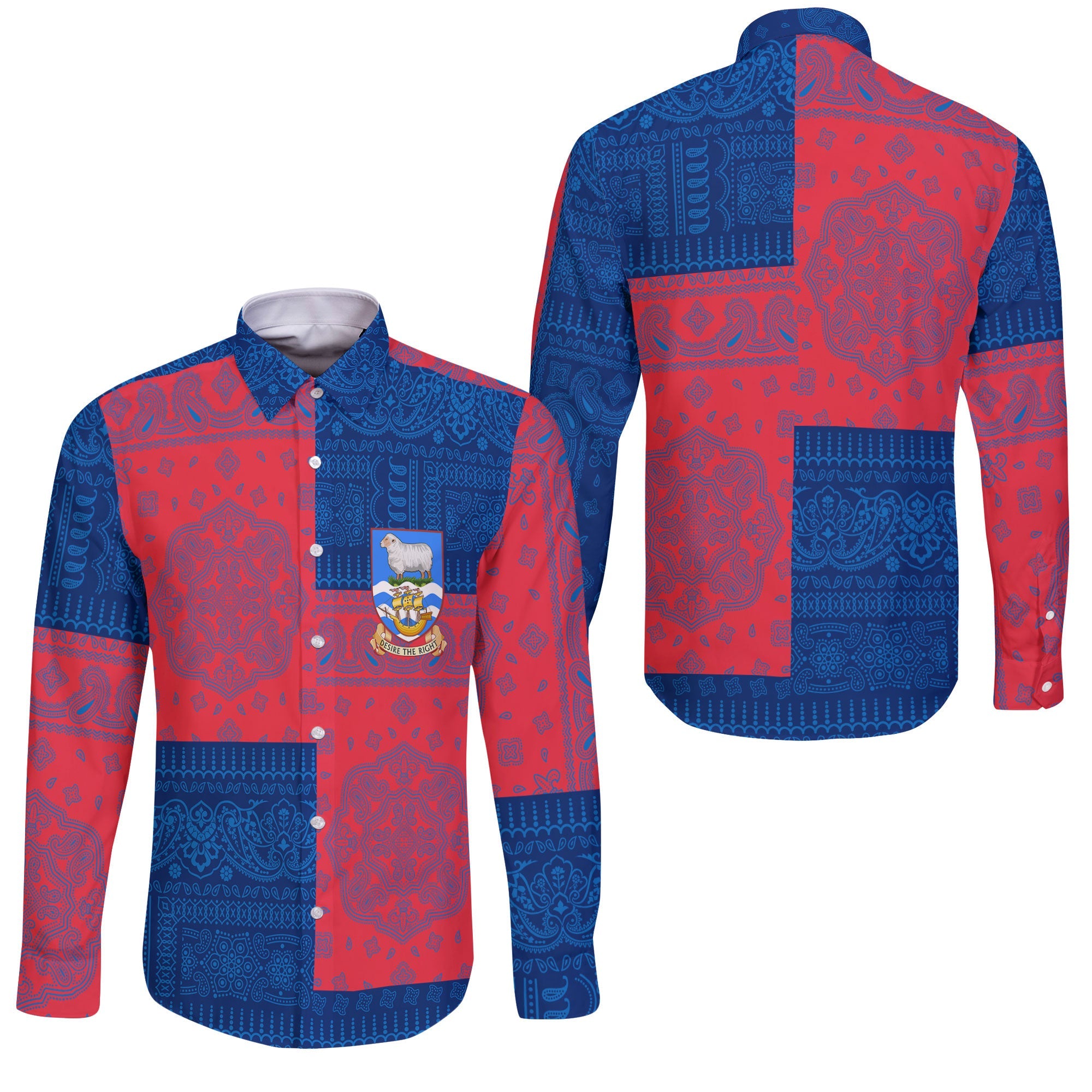 Falkland Islands Long Sleeve Button Shirt Flag And Paisley Basic Style 3