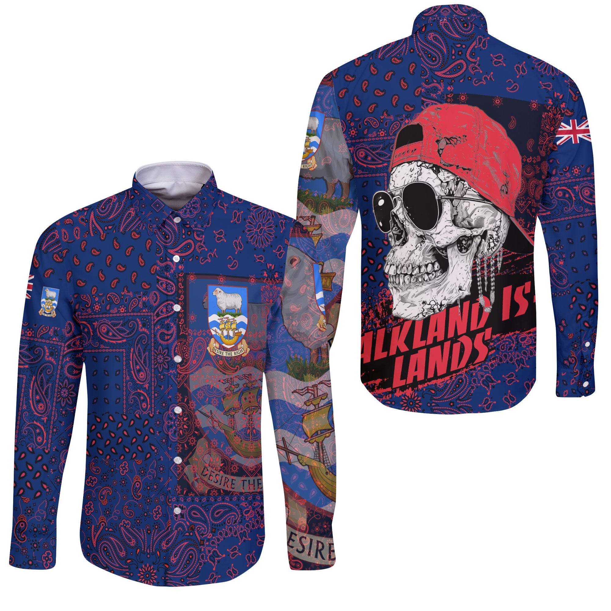 Falkland Islands Long Sleeve Button Shirt Paisley Flag And Skull Style 3