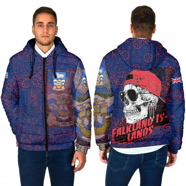 Falkland Islands Men Hooded Padded Jacket Paisley Flag And Skull Style 1