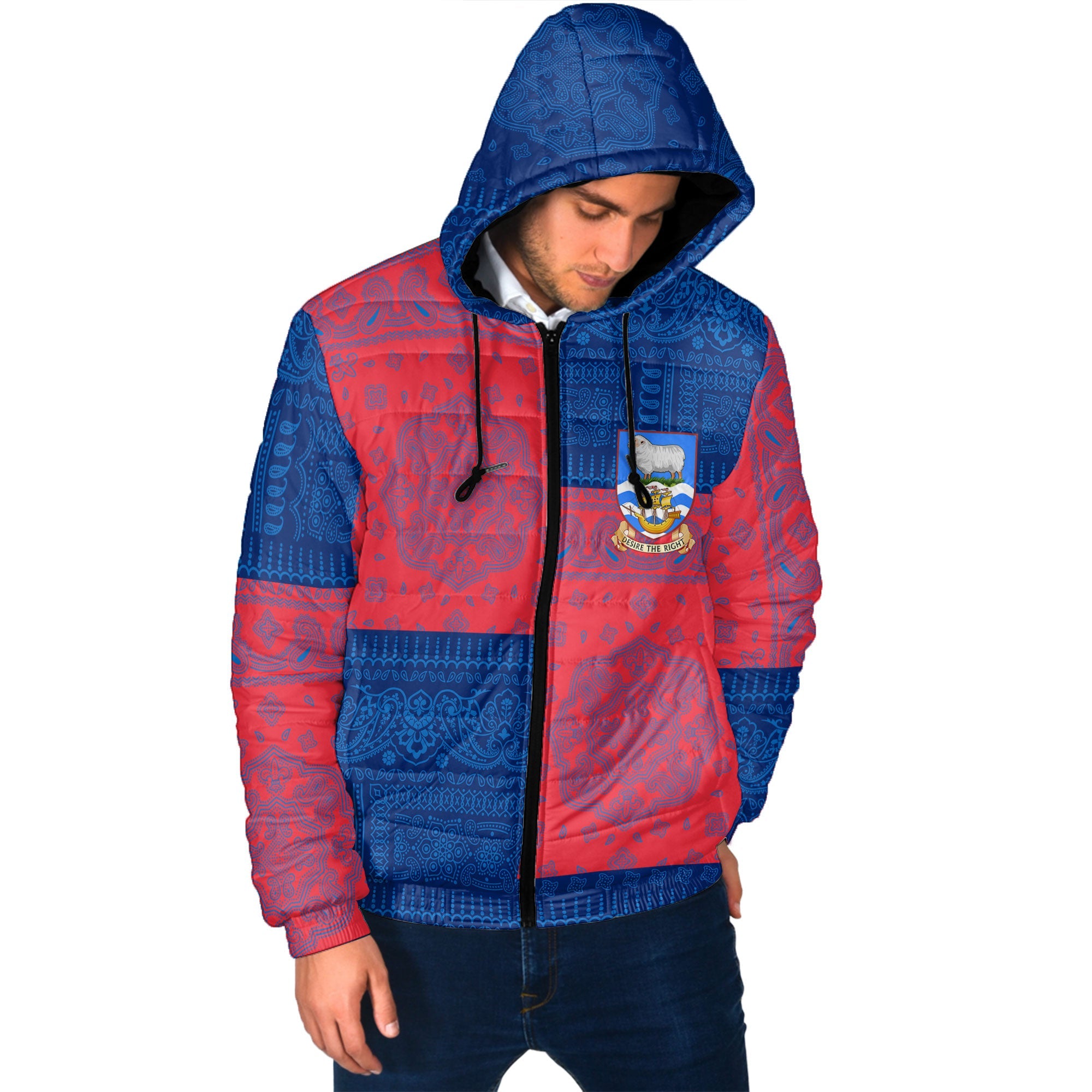 Falkland Islands Men Hooded Padded Jacket Flag And Paisley Basic Style 2