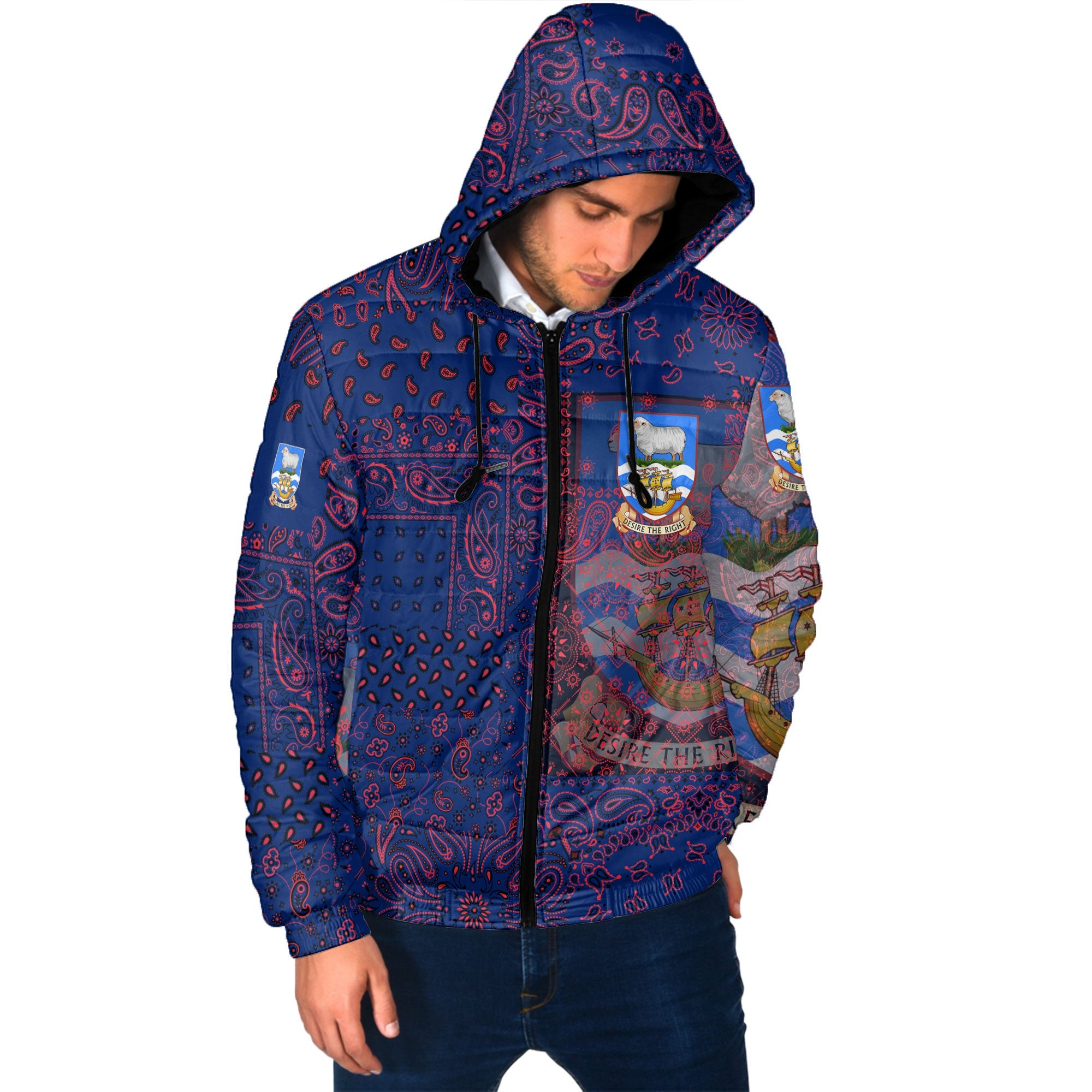 Falkland Islands Men Hooded Padded Jacket Paisley Flag And Skull Style 2