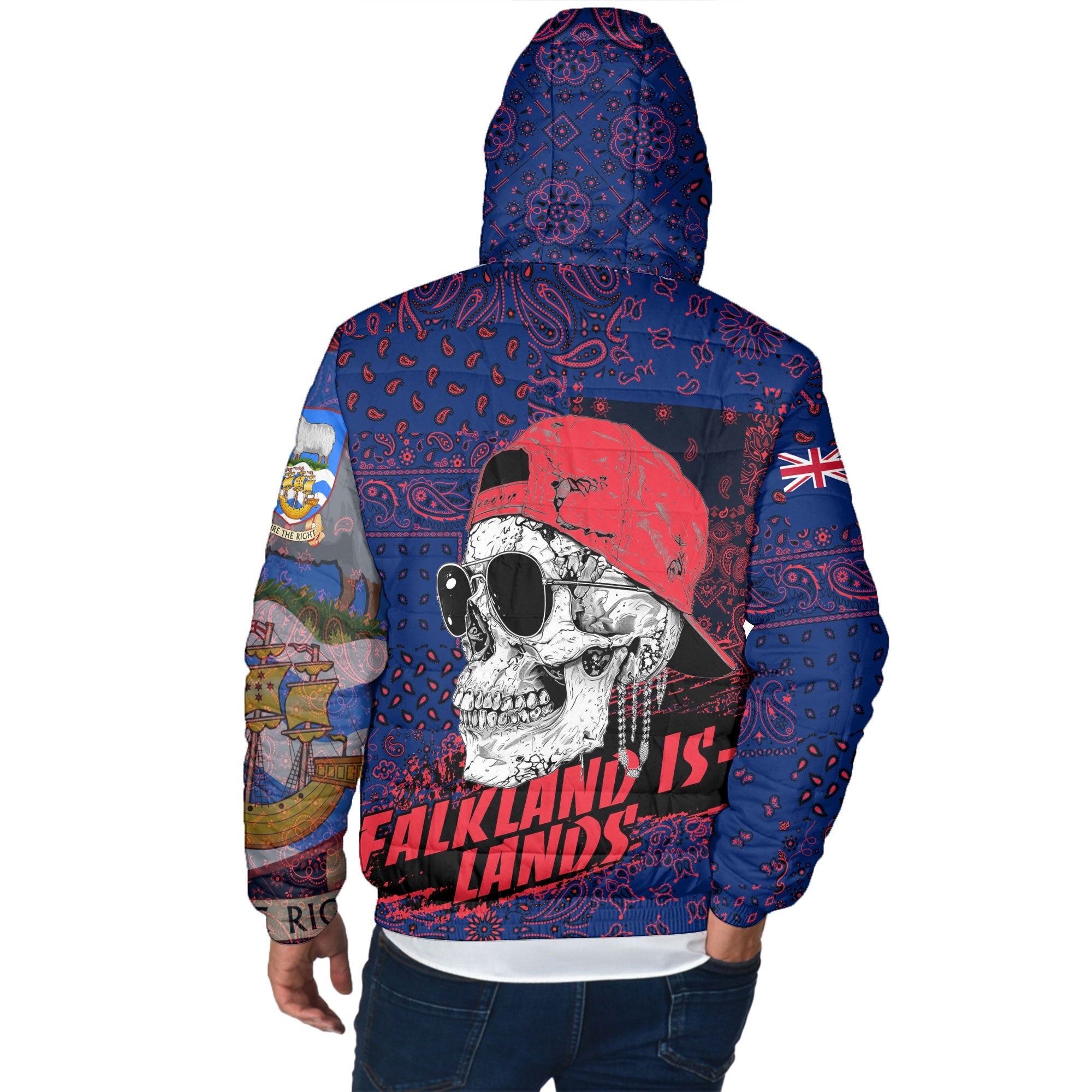 Falkland Islands Men Hooded Padded Jacket Paisley Flag And Skull Style 3