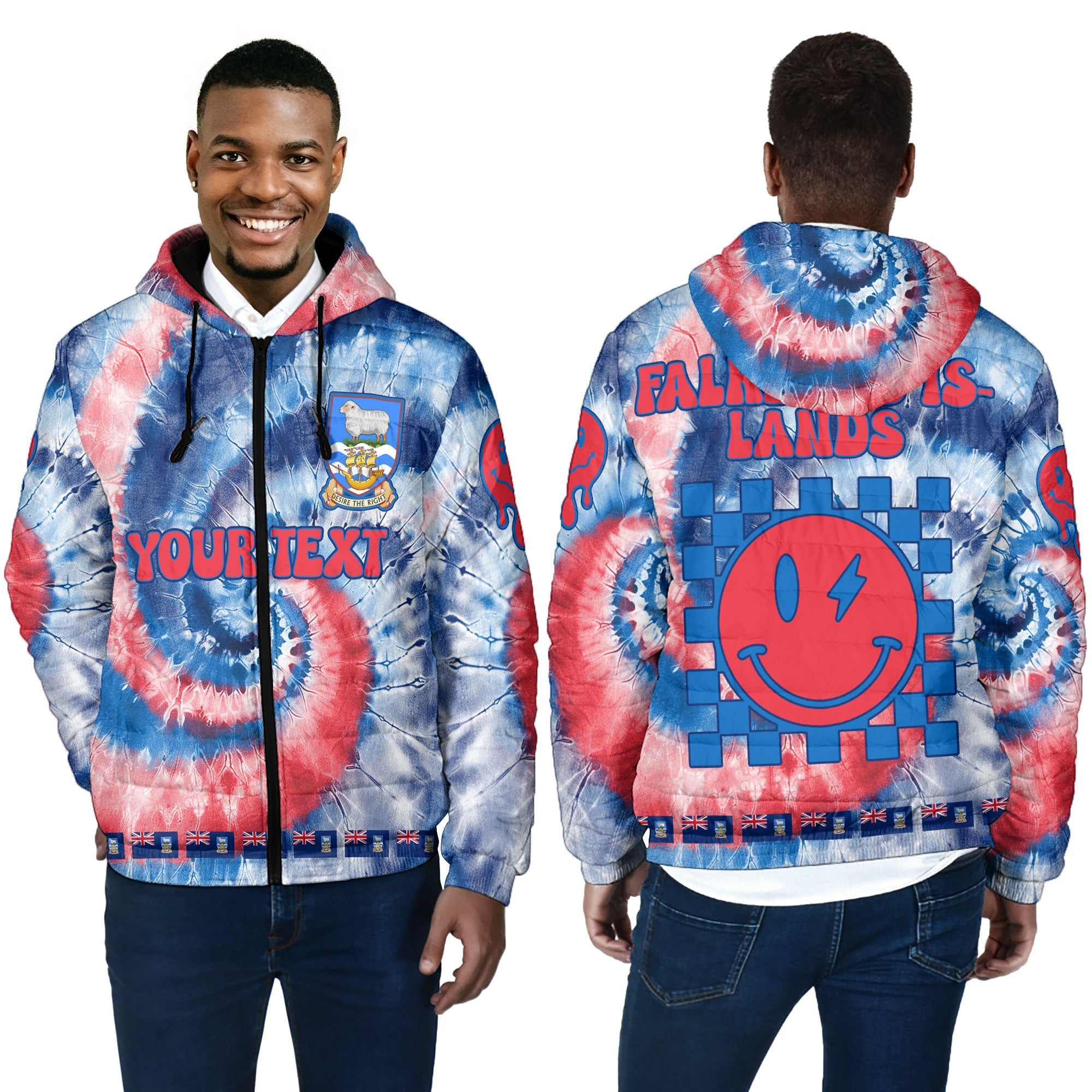 Falkland Islands Men Hooded Padded Jacket Custom Tie Dye Style 4