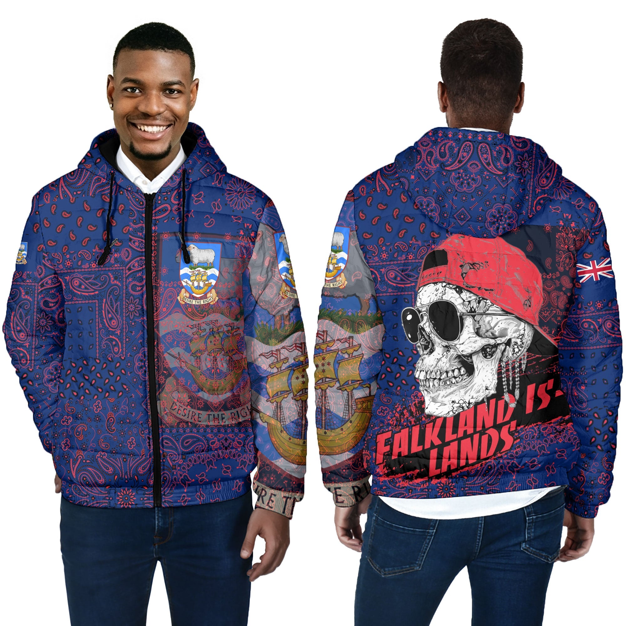 Falkland Islands Men Hooded Padded Jacket Paisley Flag And Skull Style 4