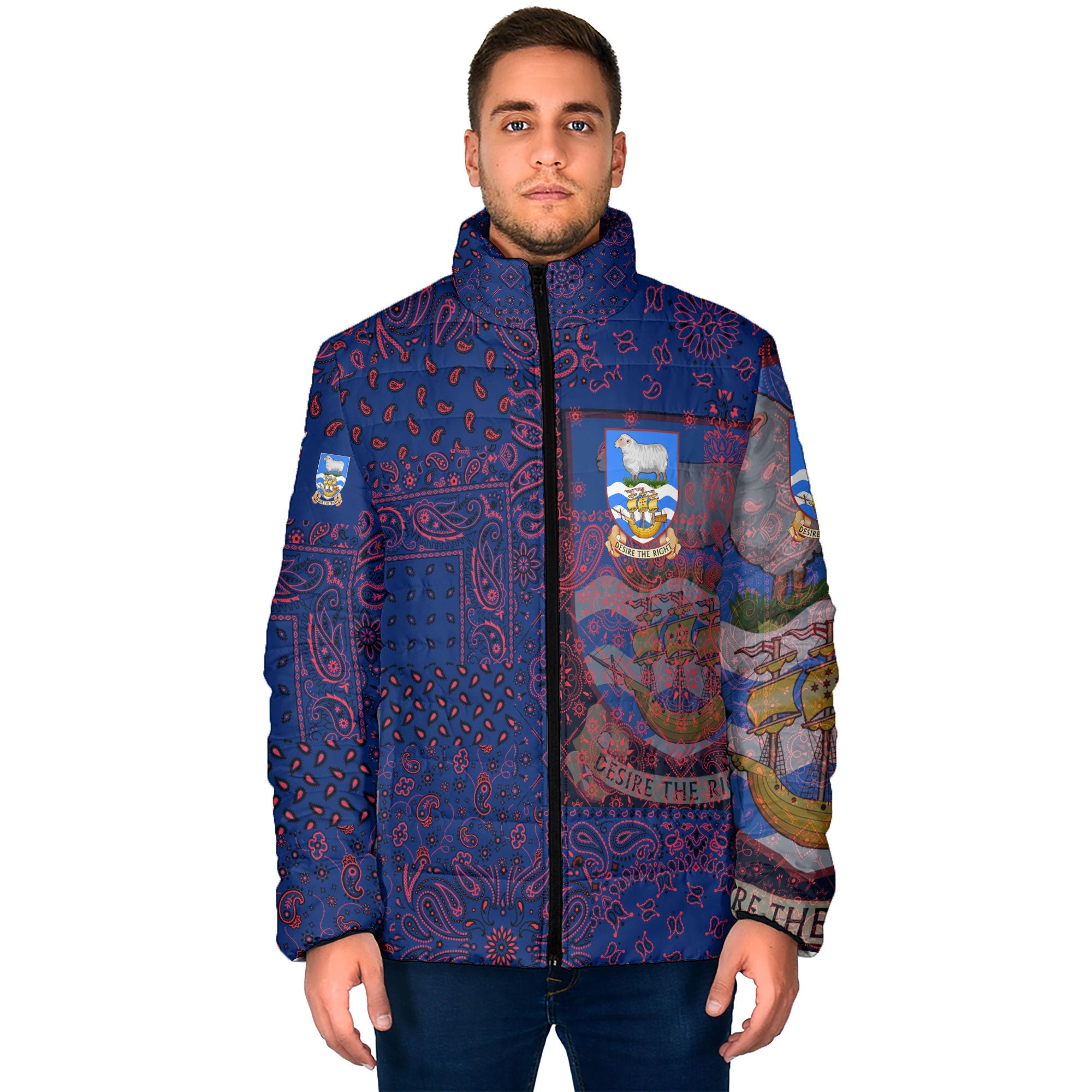 Falkland Islands Men Padded Jacket Paisley Flag And Skull Style 1