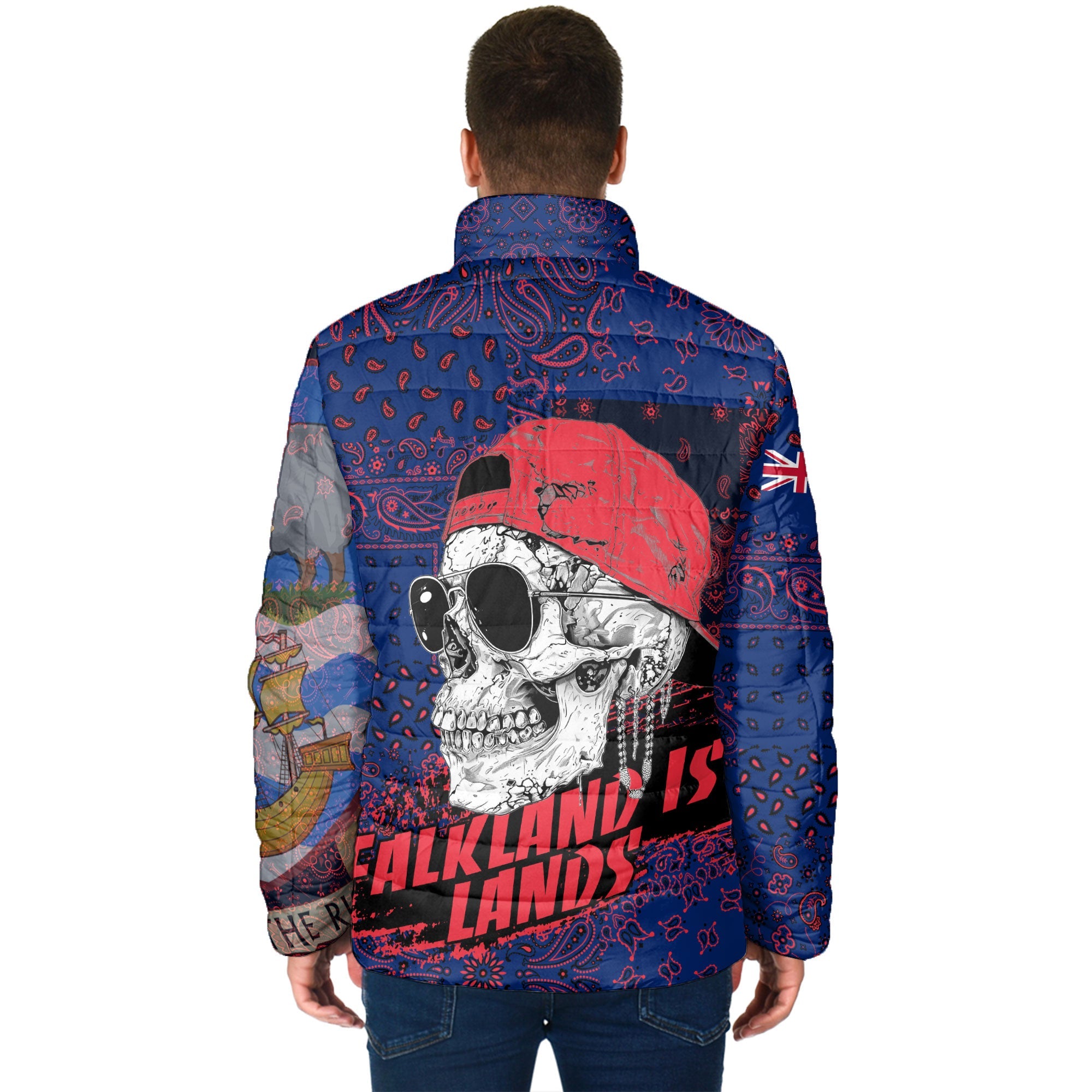 Falkland Islands Men Padded Jacket Paisley Flag And Skull Style 2