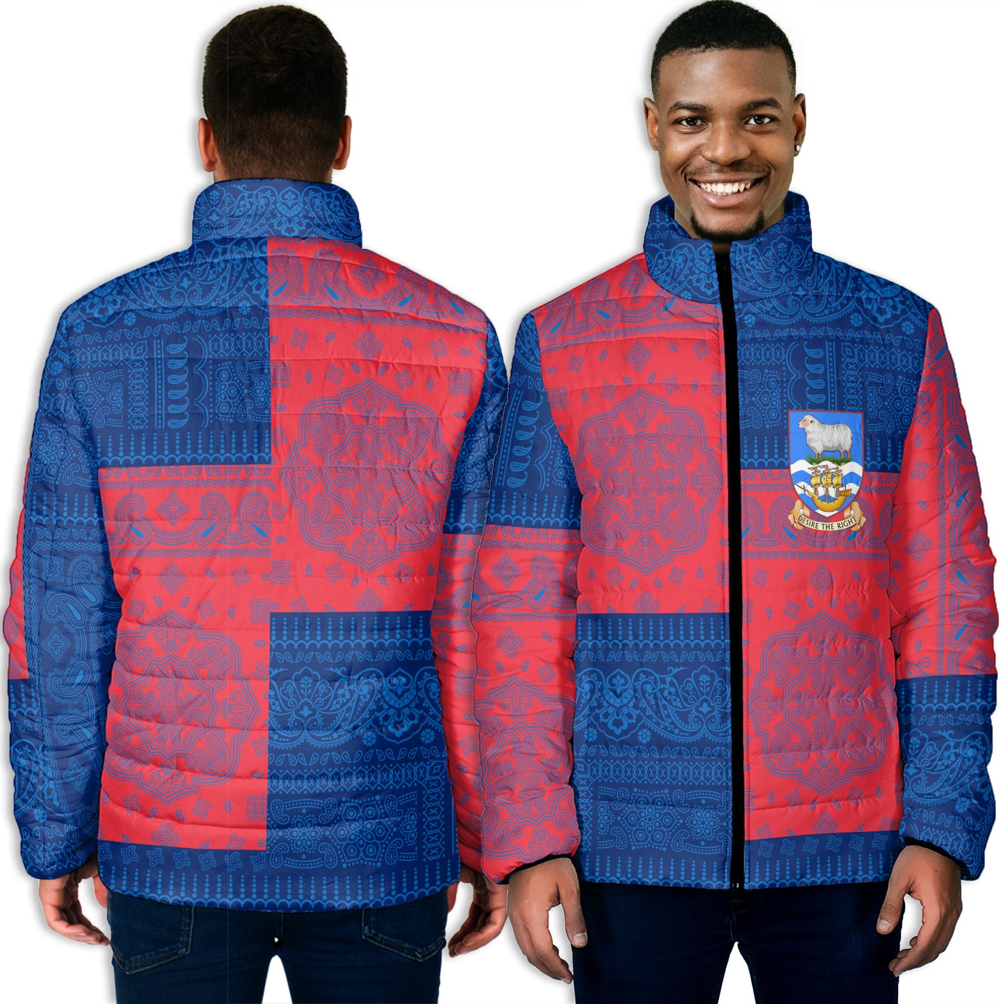 Falkland Islands Men Padded Jacket Flag And Paisley Basic Style 3