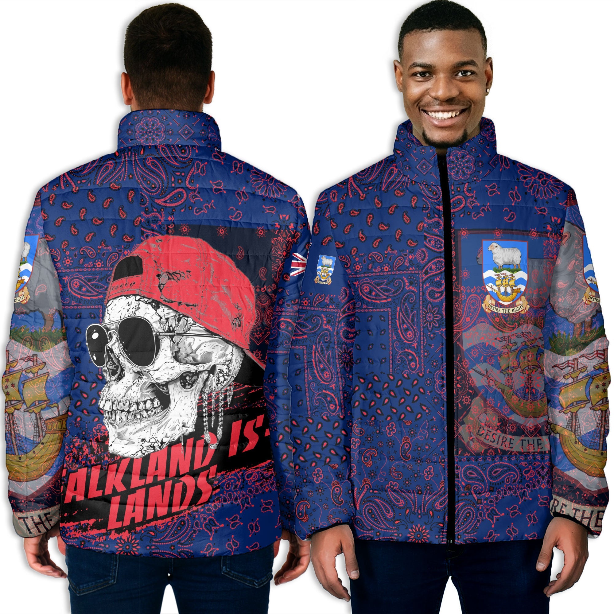 Falkland Islands Men Padded Jacket Paisley Flag And Skull Style 3