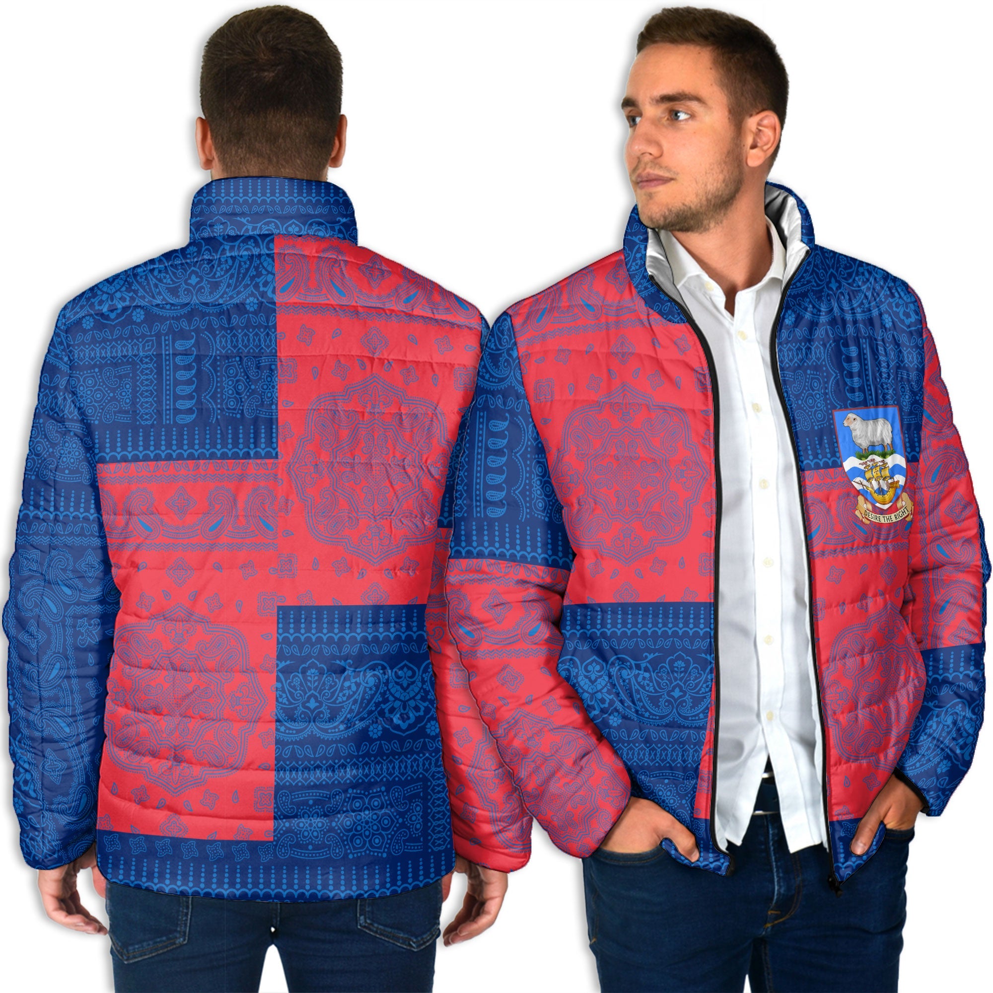 Falkland Islands Men Padded Jacket Flag And Paisley Basic Style 4