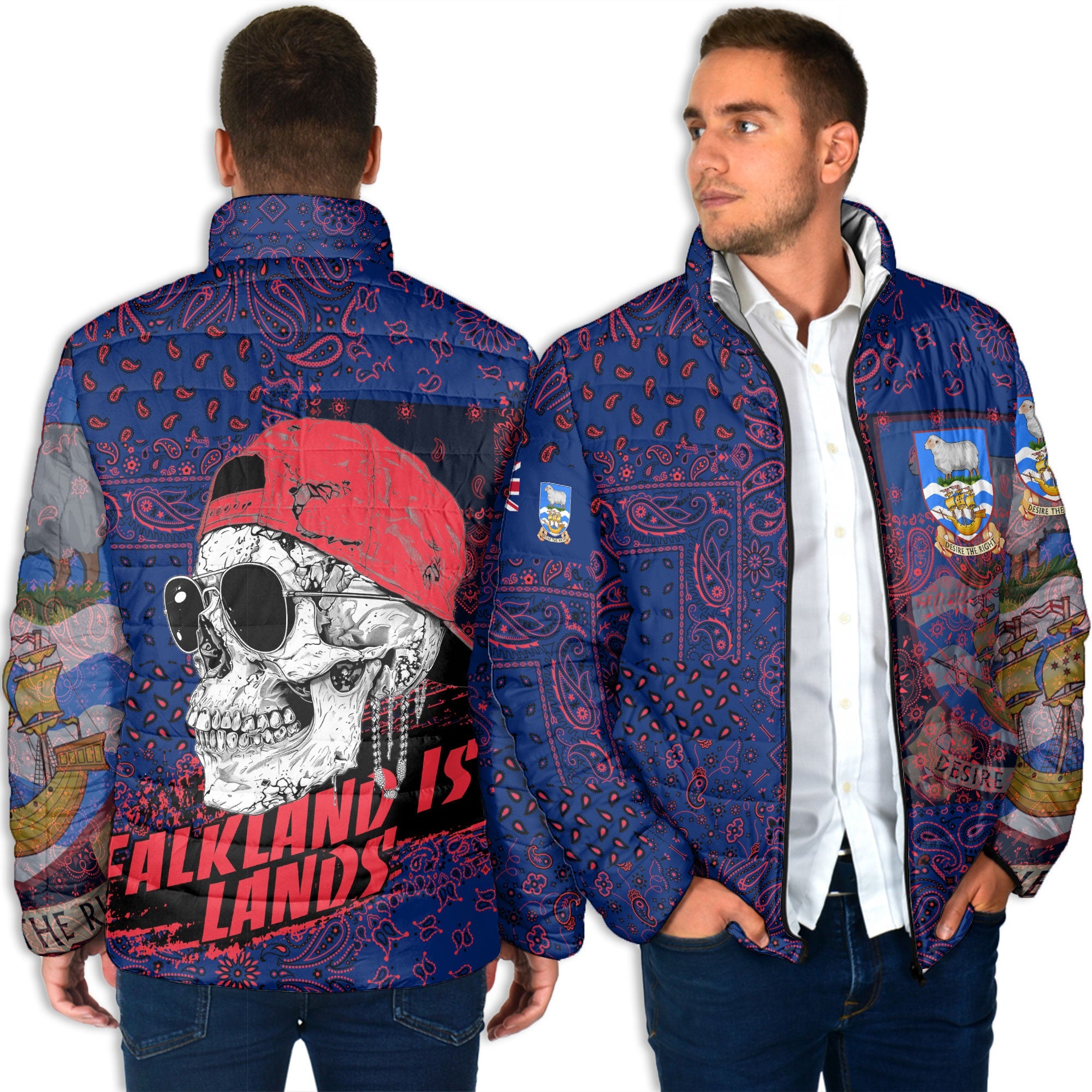 Falkland Islands Men Padded Jacket Paisley Flag And Skull Style 4