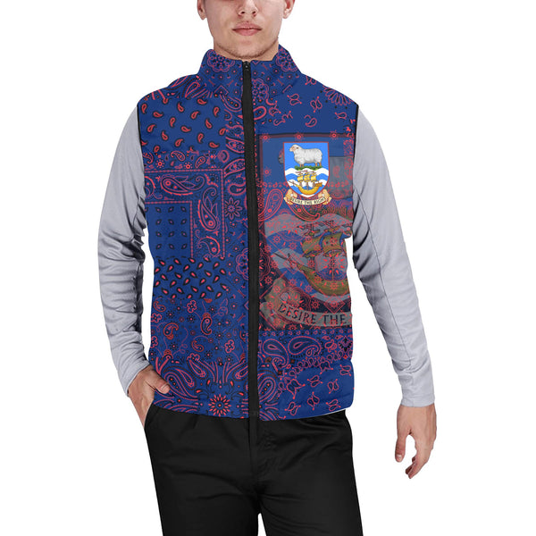 Falkland Islands Men Padded Jacket Vest Paisley Flag And Skull Style 1