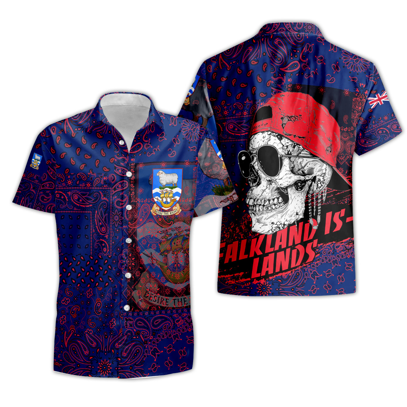 Falkland Islands Short Sleeve Shirt Paisley Flag And Skull Style 3