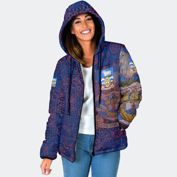 Falkland Islands Women Hooded Padded Jacket Paisley Flag And Skull Style 1