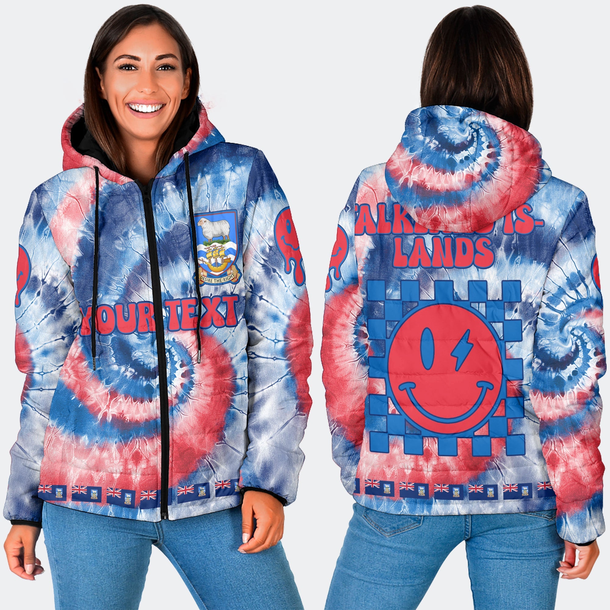 Falkland Islands Women Hooded Padded Jacket Custom Tie Dye Style 3