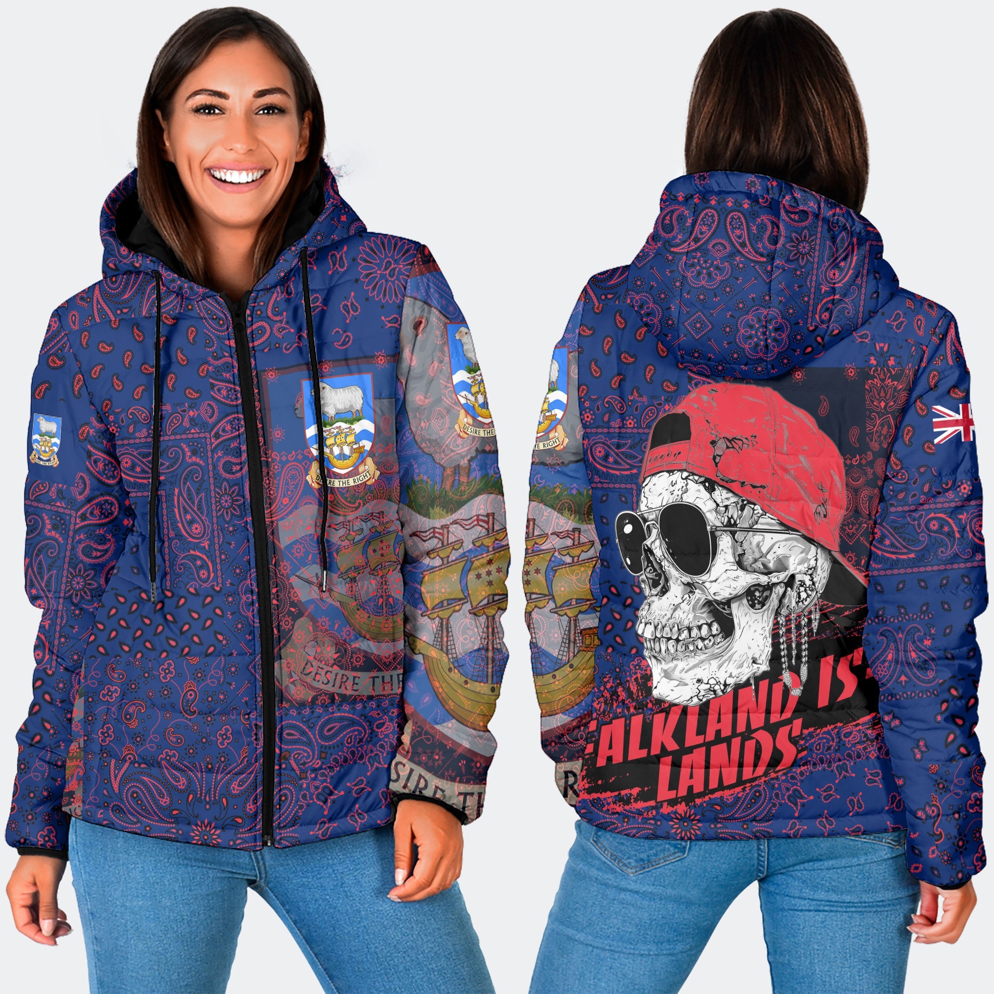 Falkland Islands Women Hooded Padded Jacket Paisley Flag And Skull Style 3