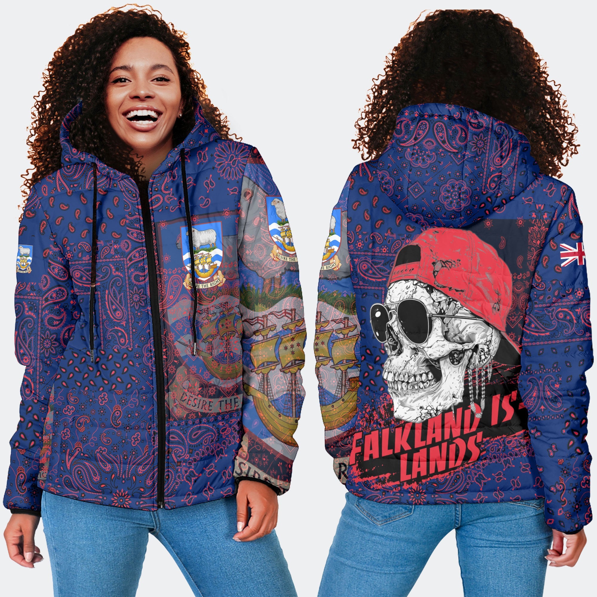 Falkland Islands Women Hooded Padded Jacket Paisley Flag And Skull Style 4