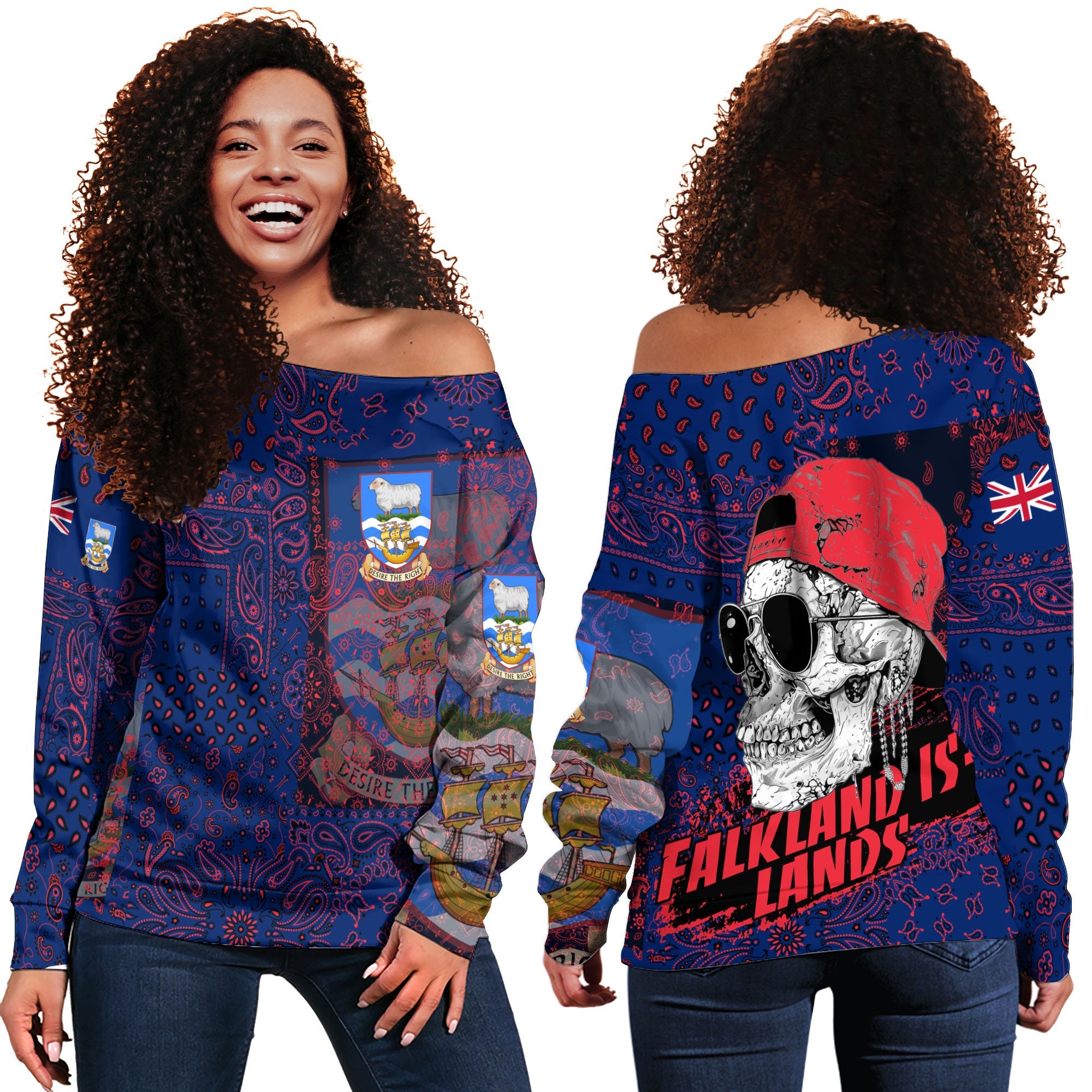 Falkland Islands Women Off Shoulder Sweatshirt Paisley Flag And Skull Style 1