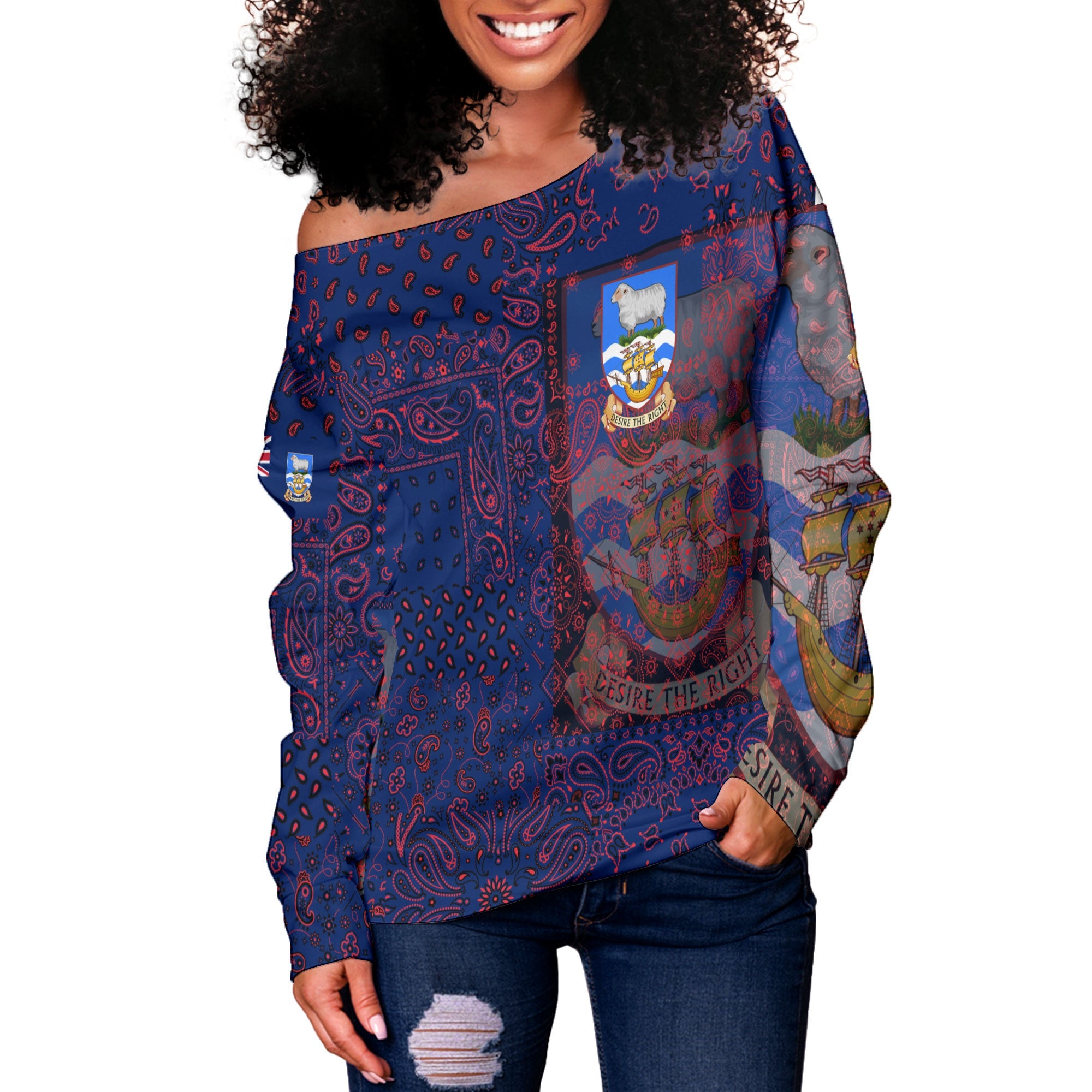 Falkland Islands Women Off Shoulder Sweatshirt Paisley Flag And Skull Style 2