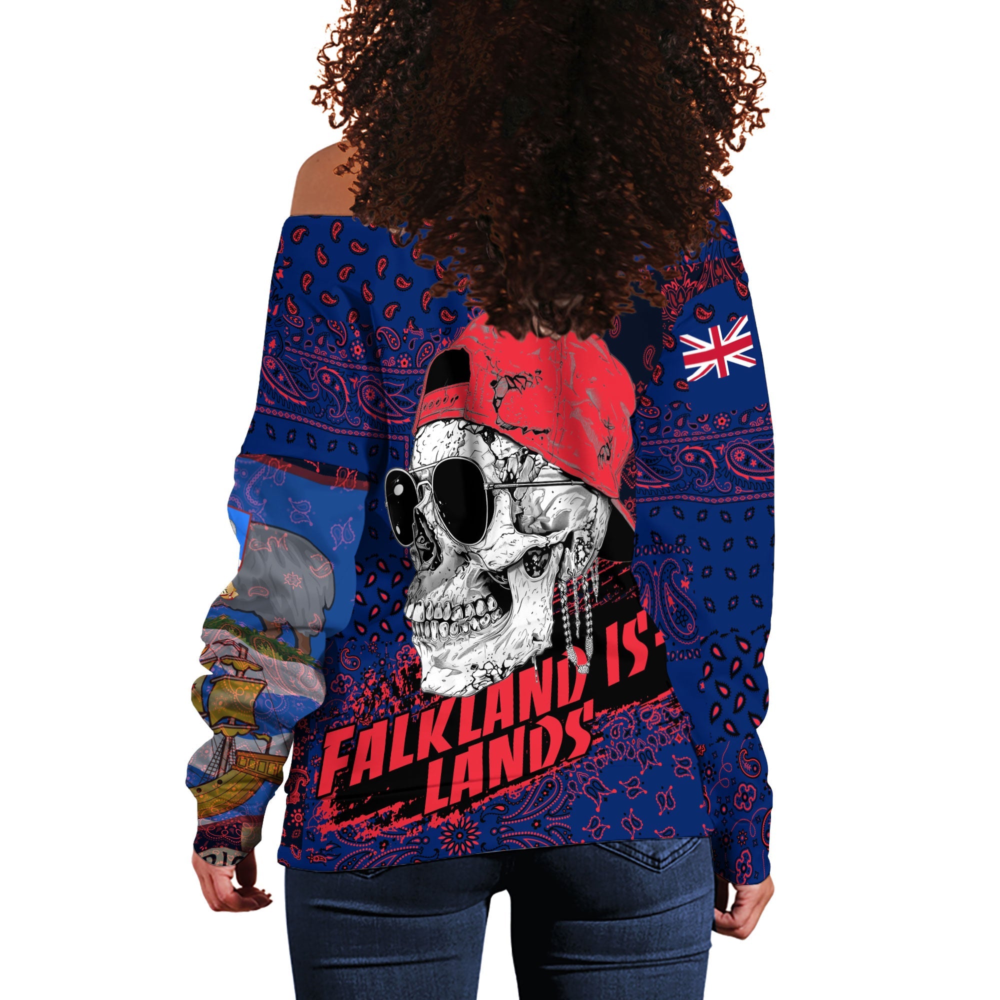 Falkland Islands Women Off Shoulder Sweatshirt Paisley Flag And Skull Style 3