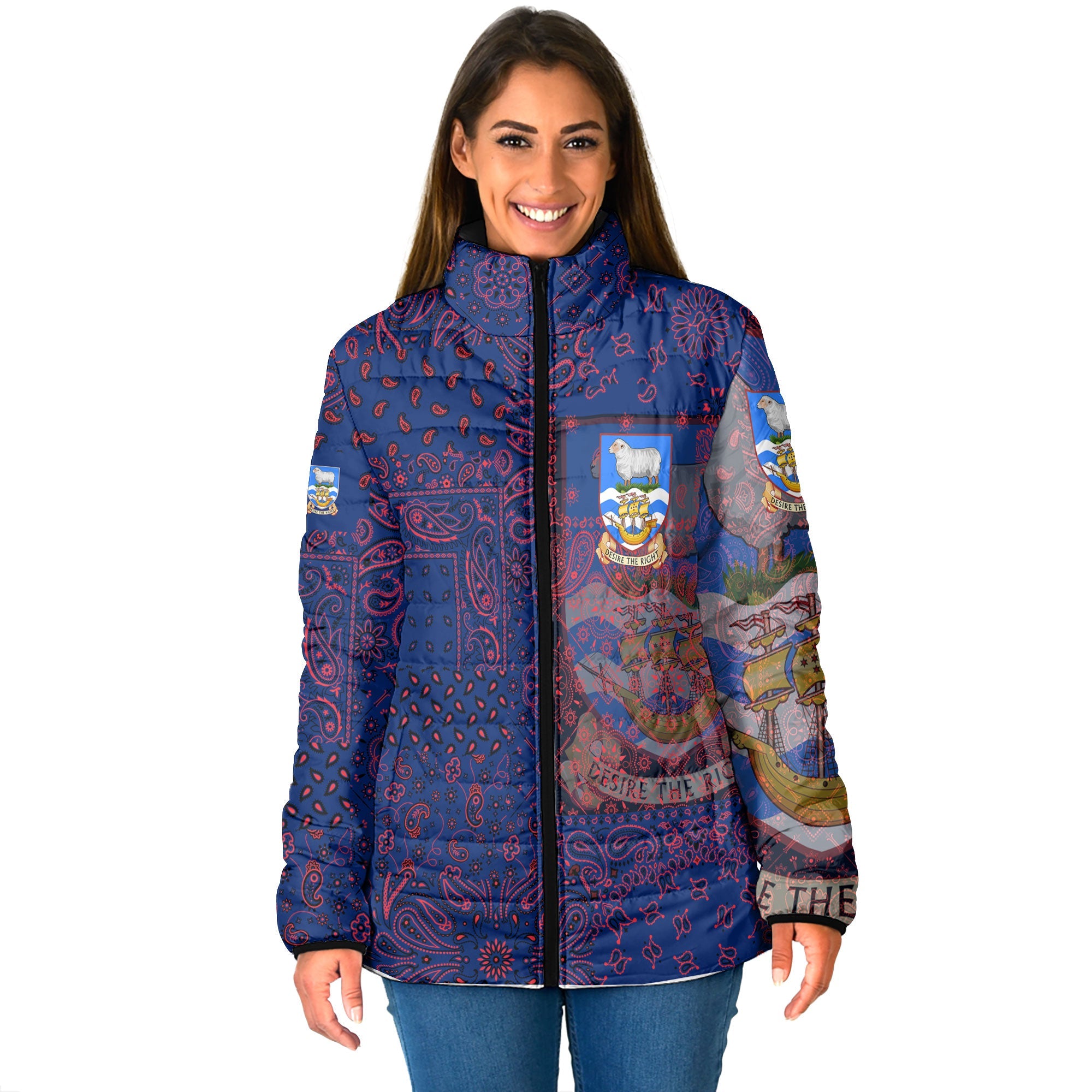 Falkland Islands Women Padded Jacket Paisley Flag And Skull Style 1