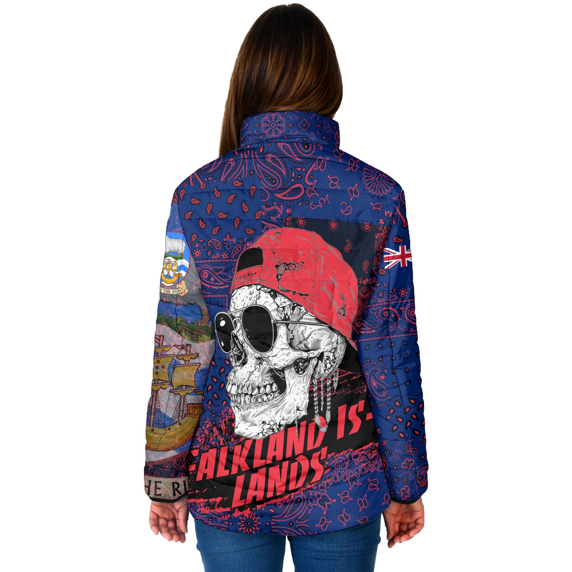 Falkland Islands Women Padded Jacket Paisley Flag And Skull Style 2