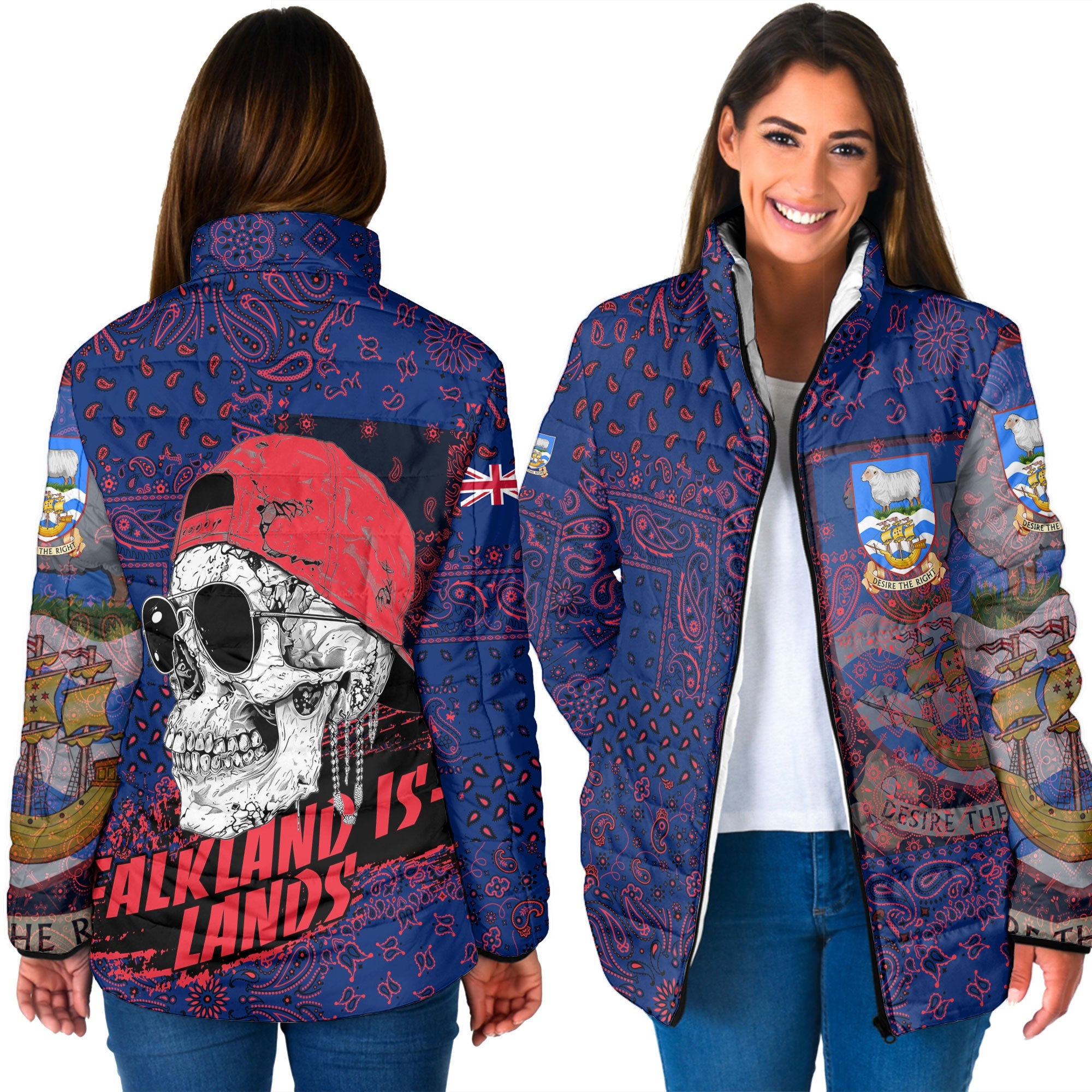 Falkland Islands Women Padded Jacket Paisley Flag And Skull Style 3