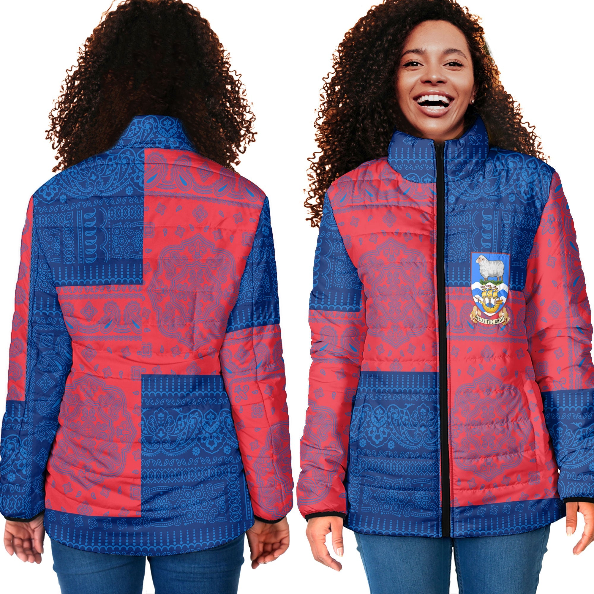 Falkland Islands Women Padded Jacket Flag And Paisley Basic Style 4