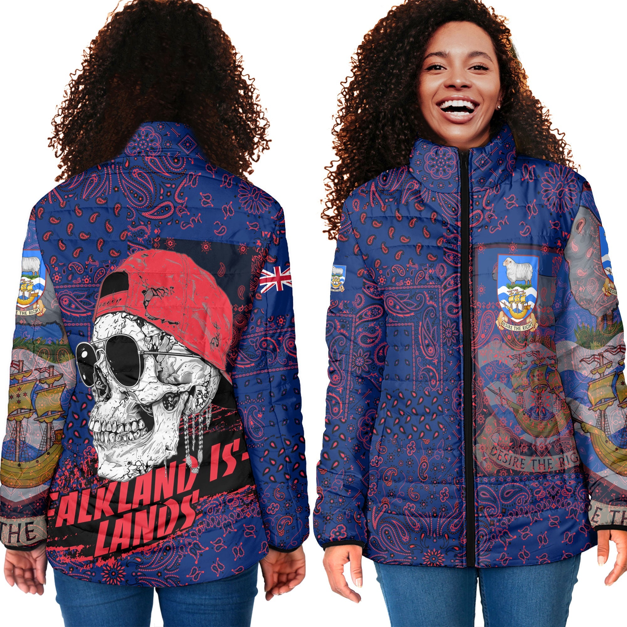 Falkland Islands Women Padded Jacket Paisley Flag And Skull Style 4