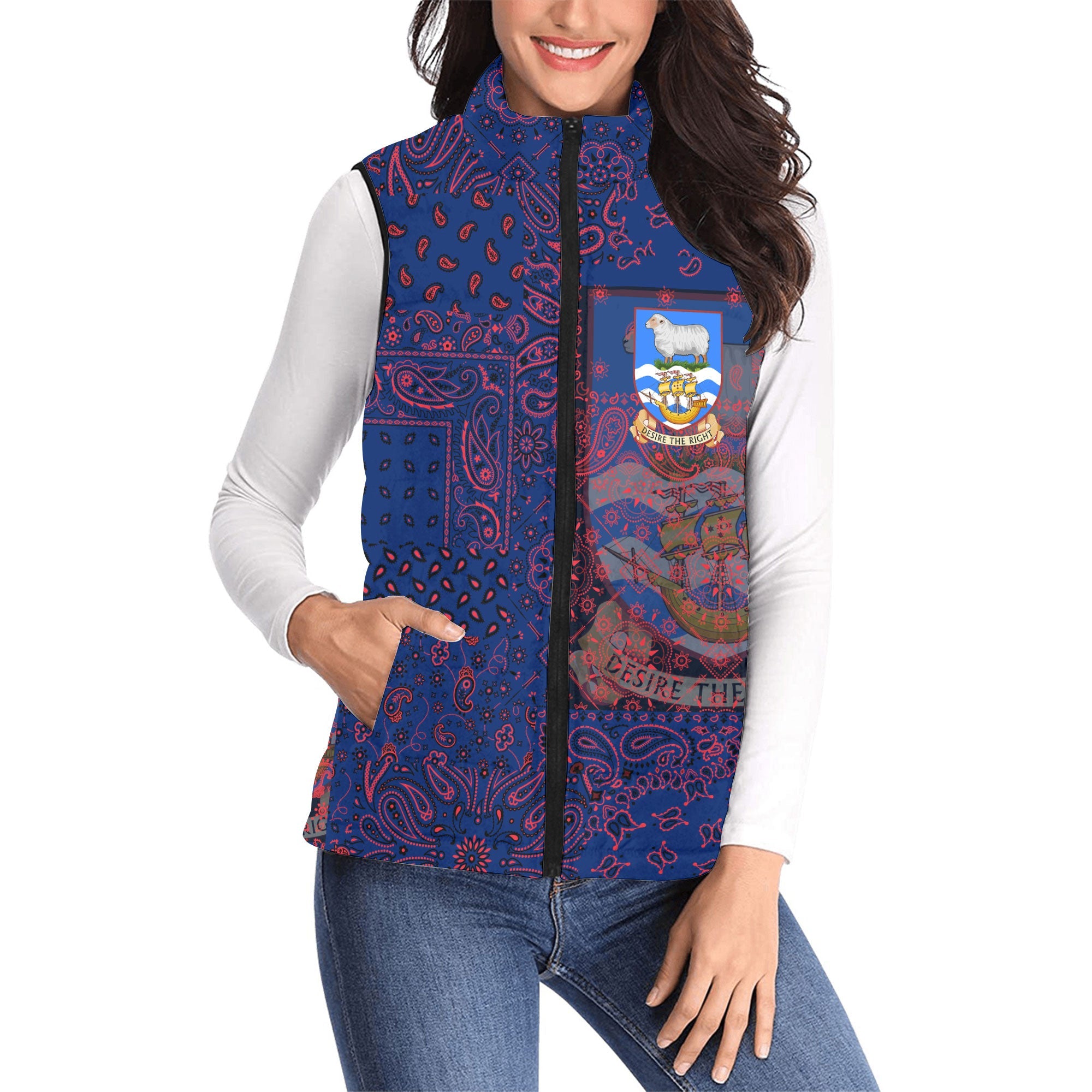 Falkland Islands Women Padded Jacket Vest Paisley Flag And Skull Style 1