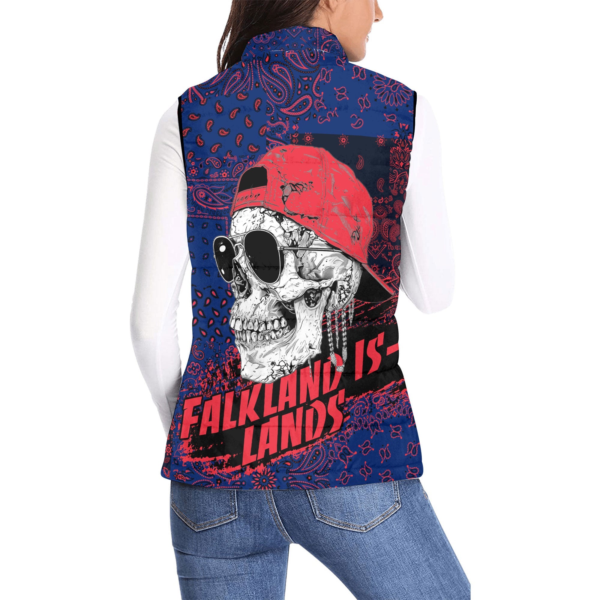 Falkland Islands Women Padded Jacket Vest Paisley Flag And Skull Style 2