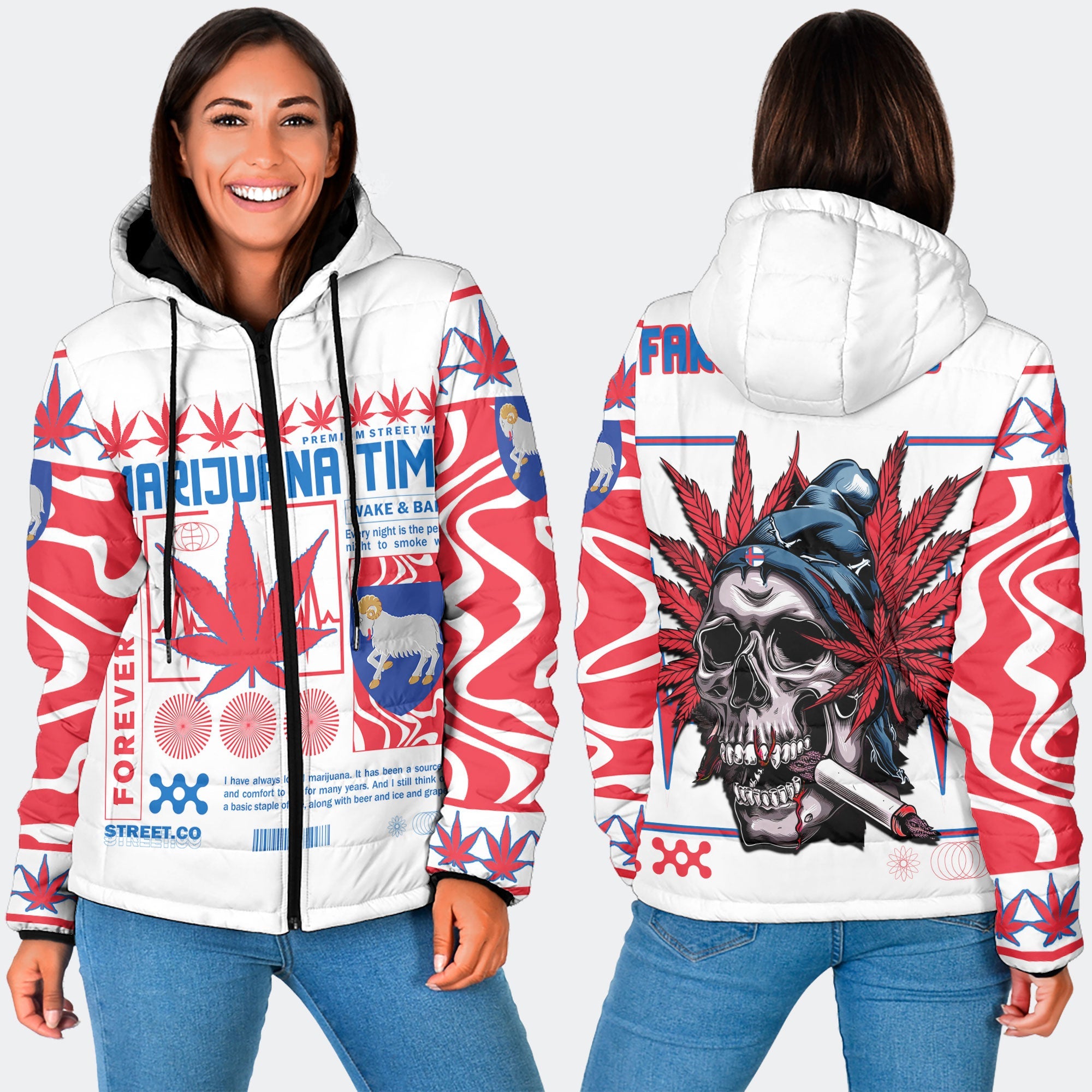 Faroe Islands Women Hooded Padded Jacket Flag & Coat Of Arms Marijuanas Style