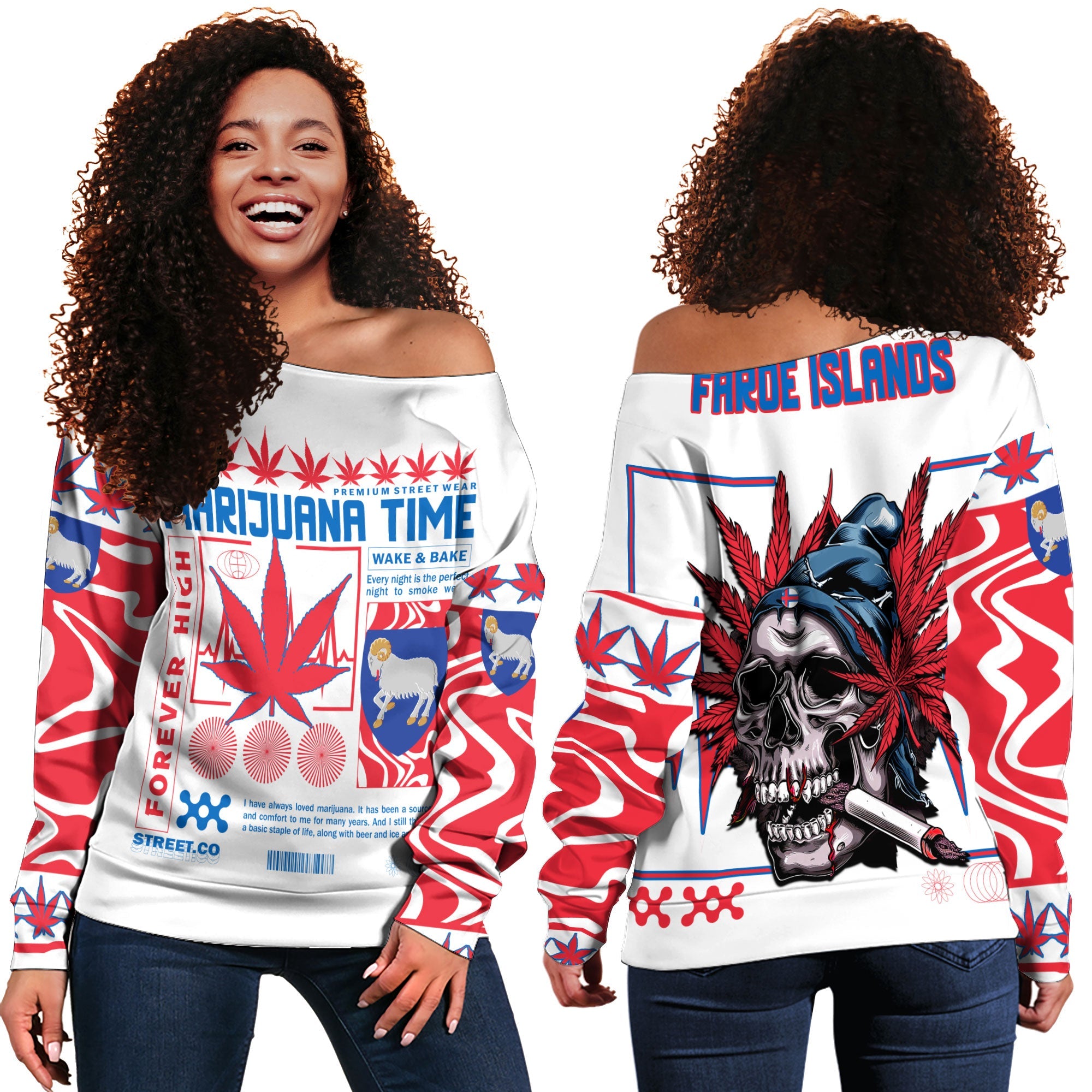 Faroe Islands Women Off Shoulder Sweatshirt Flag & Coat Of Arms Marijuanas Style