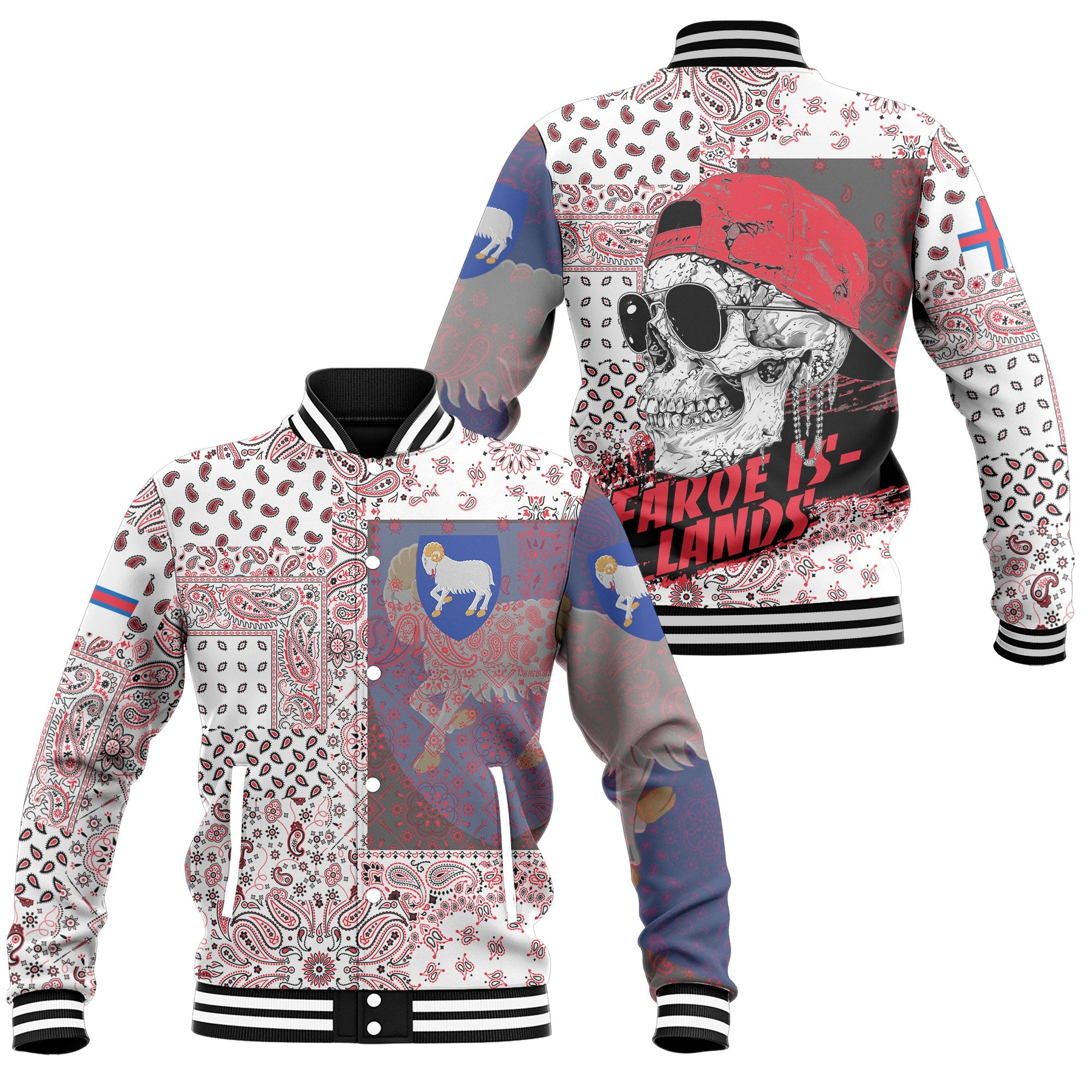 Faroe Islands Baseball Jacket Paisley Flag And Skull Style 1