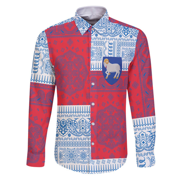 Faroe Islands Long Sleeve Button Shirt Flag And Paisley Basic Style 1