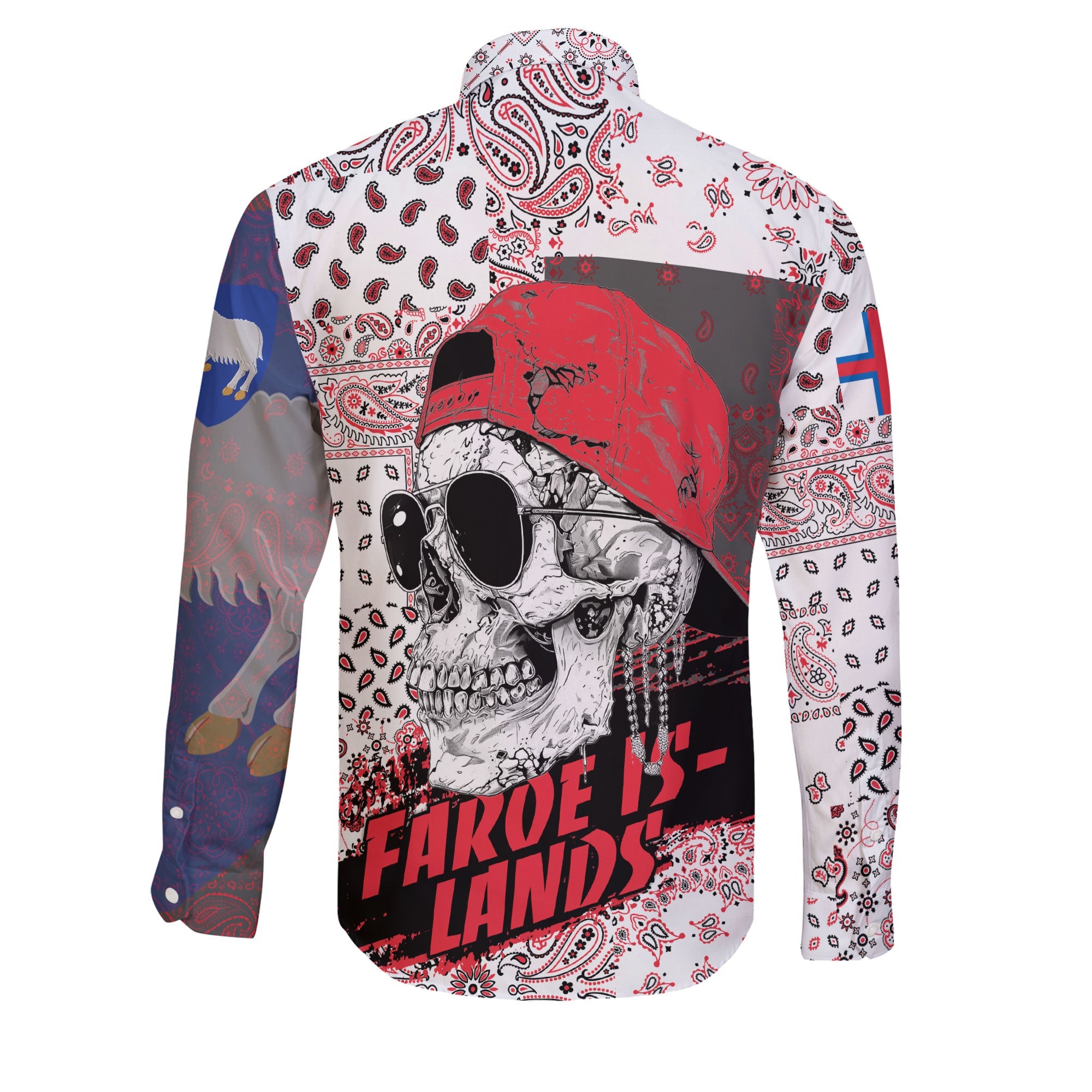 Faroe Islands Long Sleeve Button Shirt Paisley Flag And Skull Style 2