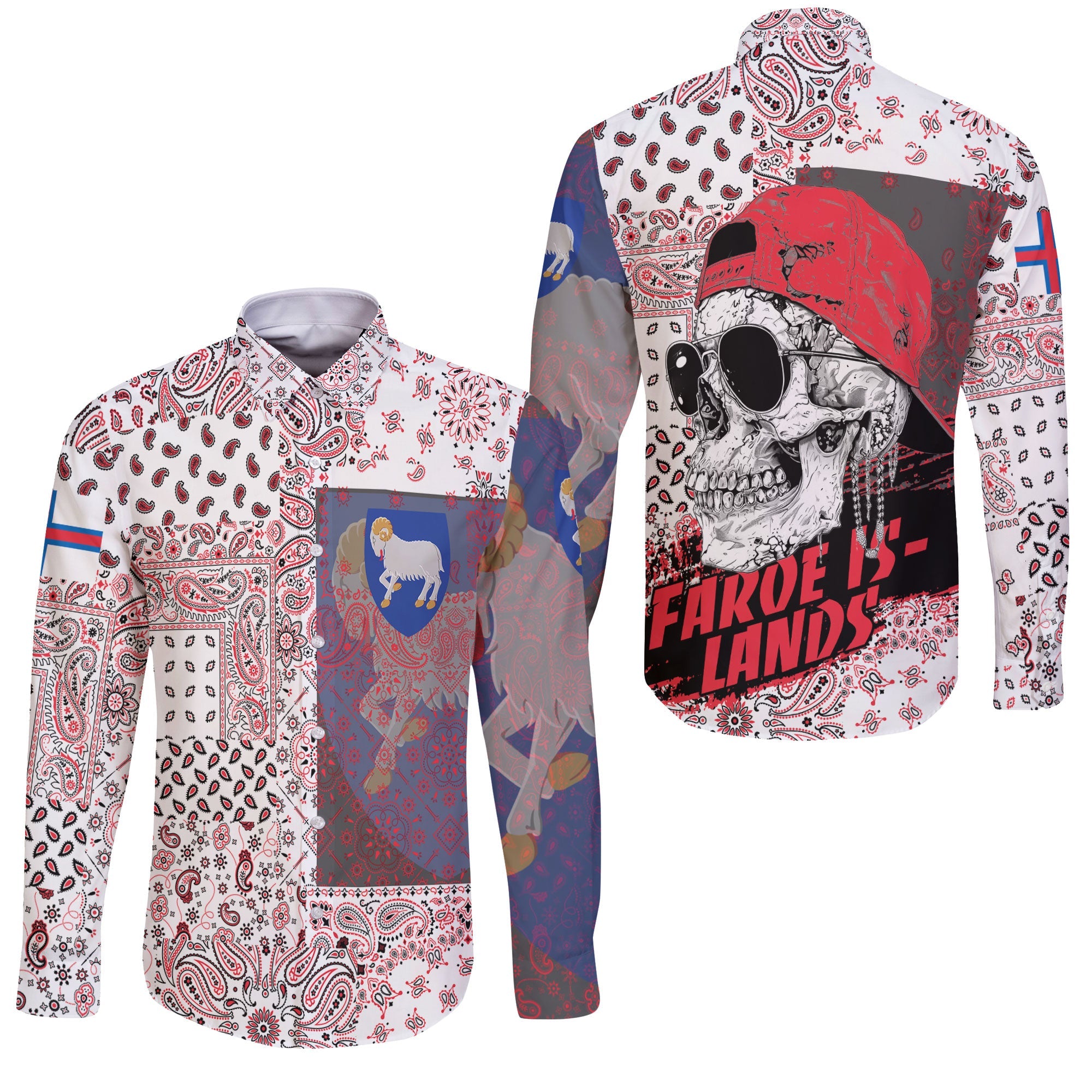 Faroe Islands Long Sleeve Button Shirt Paisley Flag And Skull Style 3