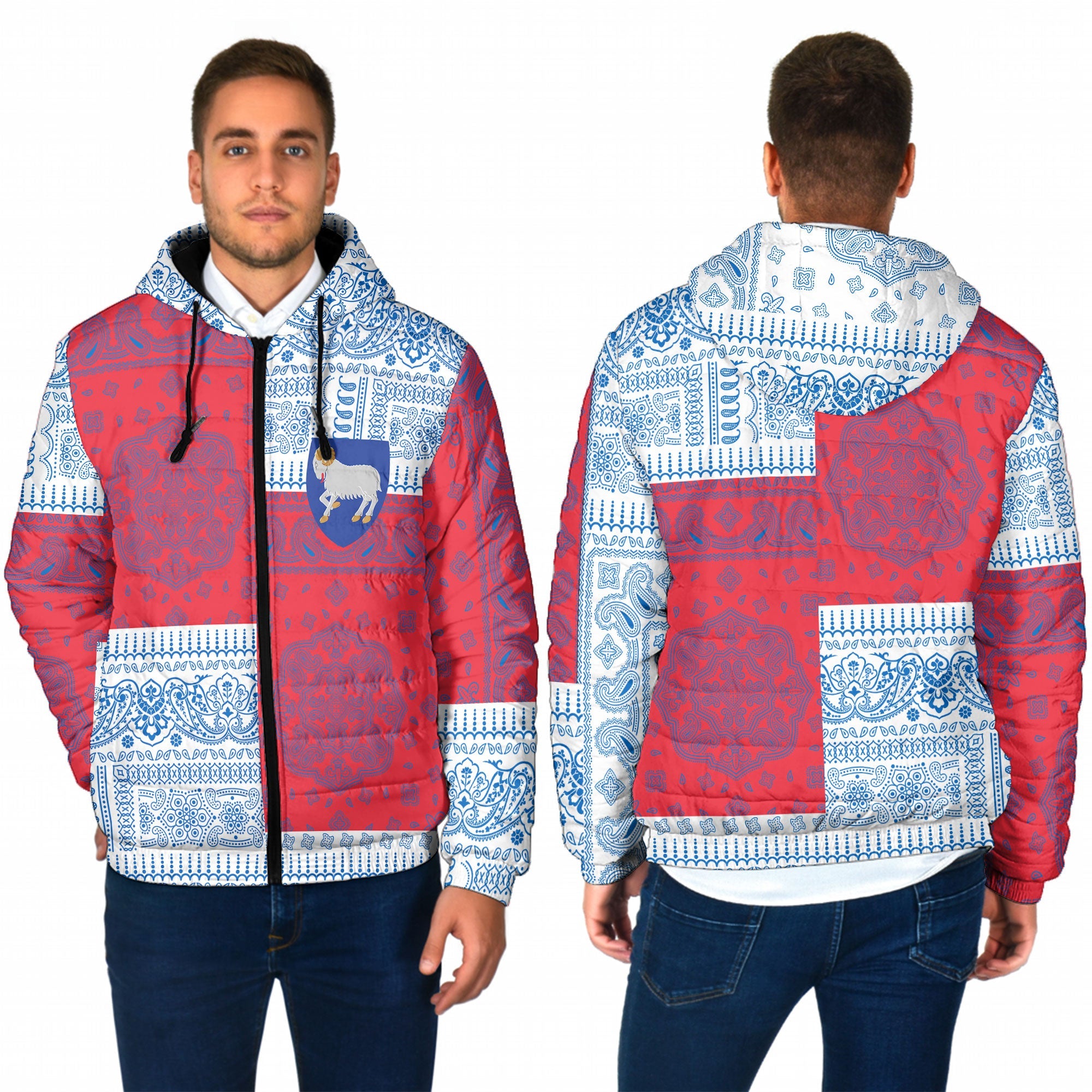 Faroe Islands Men Hooded Padded Jacket Flag And Paisley Basic Style 1