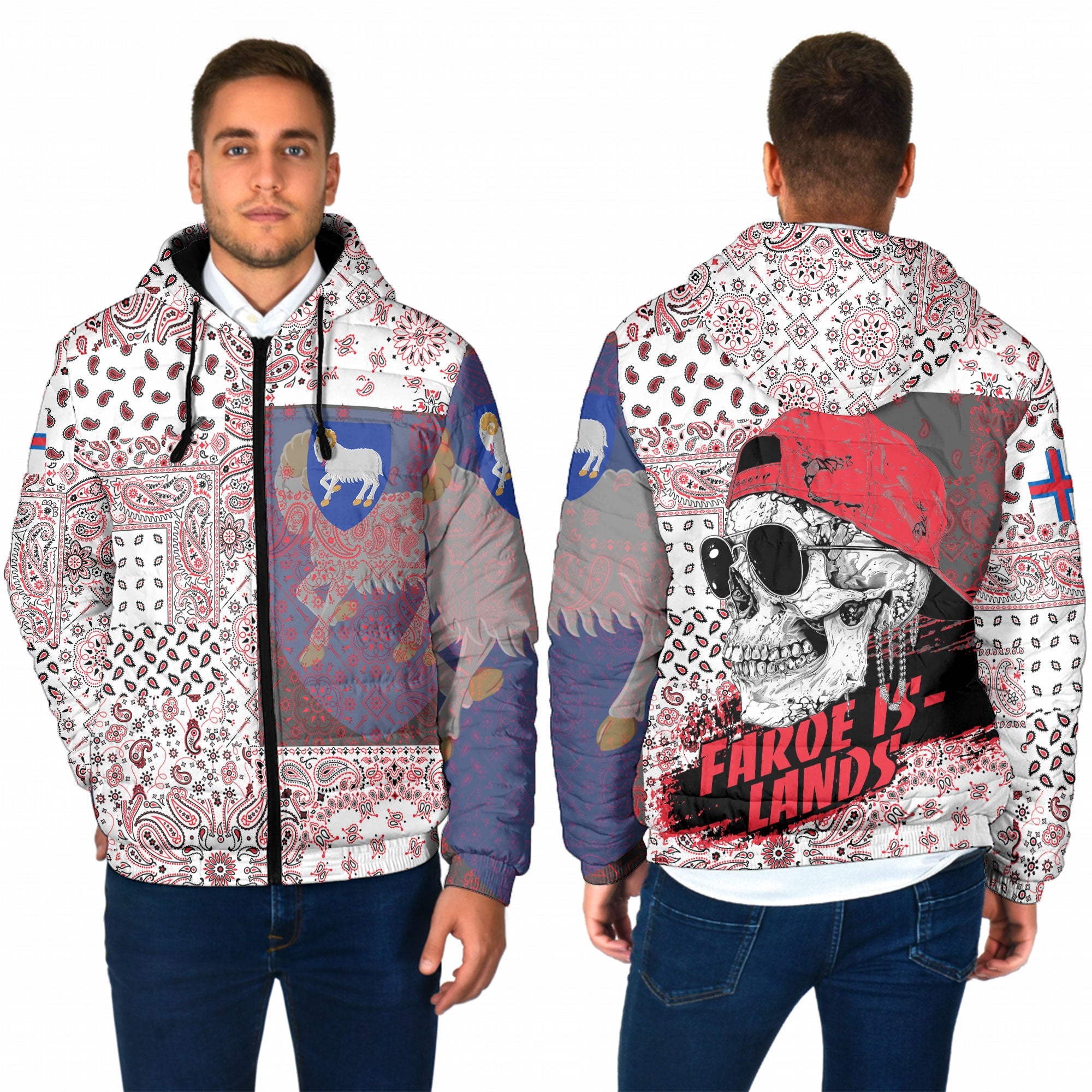 Faroe Islands Men Hooded Padded Jacket Paisley Flag And Skull Style 1